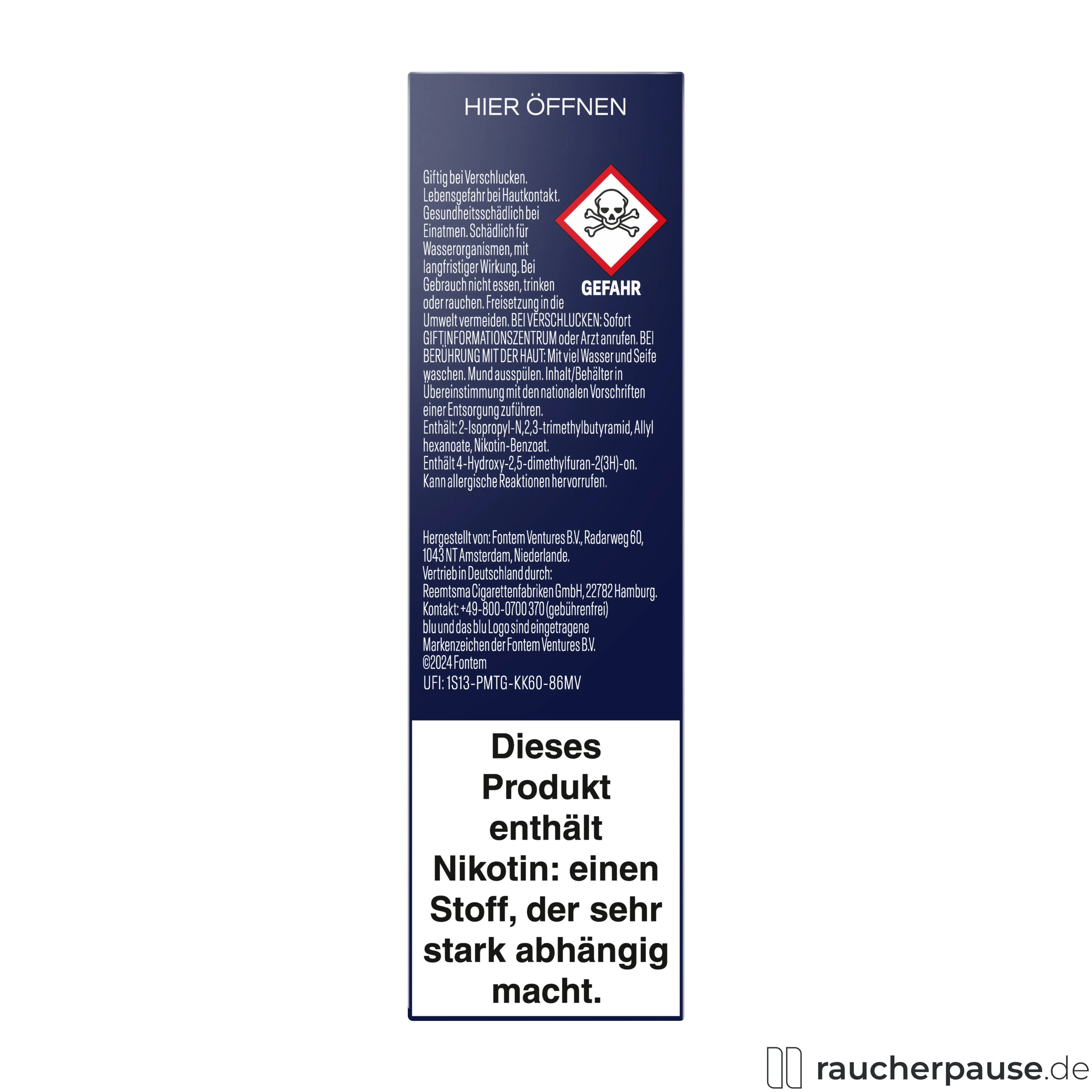 Blu Pod Pineapple Ice 18mg/ml Nikotin in blauer Dose mit stilisiertem Logo und weißem Text auf blauem Hintergrund, kompatibel mit Blu Bar Kit E-Zigarette.