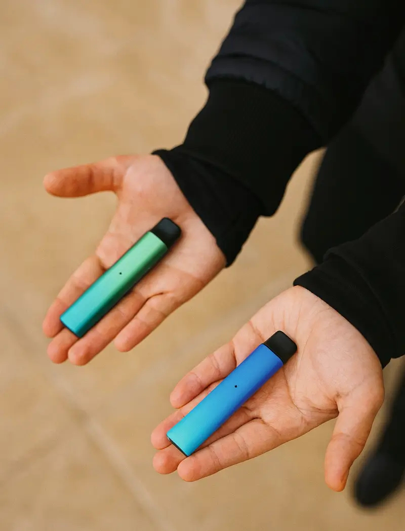 Zwei Mehrweg-Vapes in grüner und blauer Farbvariation, in Händen gehalten, symbolisieren nachhaltige E-Zigaretten-Alternativen.