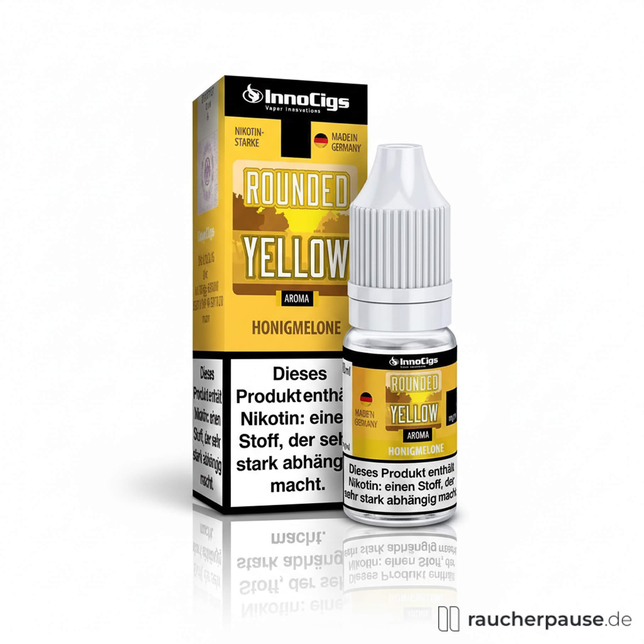 InnoCigs Round.Yellow E-Liquid Honigmelone in 10ml Flasche ohne Nikotin, gelbliche Flüssigkeit in transparenter Flasche für E-Zigaretten und Clearomizer.
