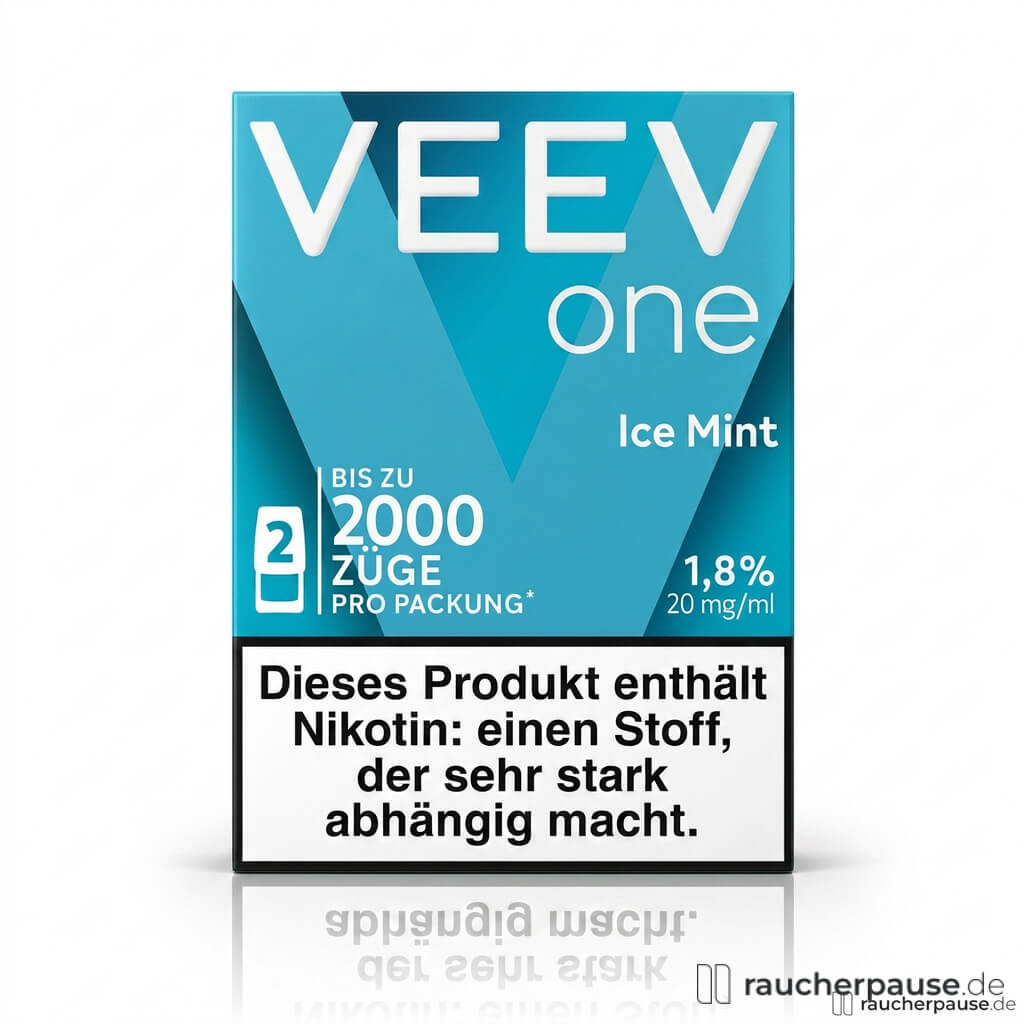 Veev One Ice Mint Pods in blau-weißer Box mit großem weißen V-Logo und weißen Schriftzügen, 20mg Nikotin, 1,9ml, 1000 Züge.