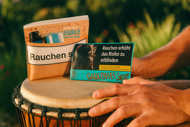 Gauloises Tabak Pouches auf einer Hand Trommel