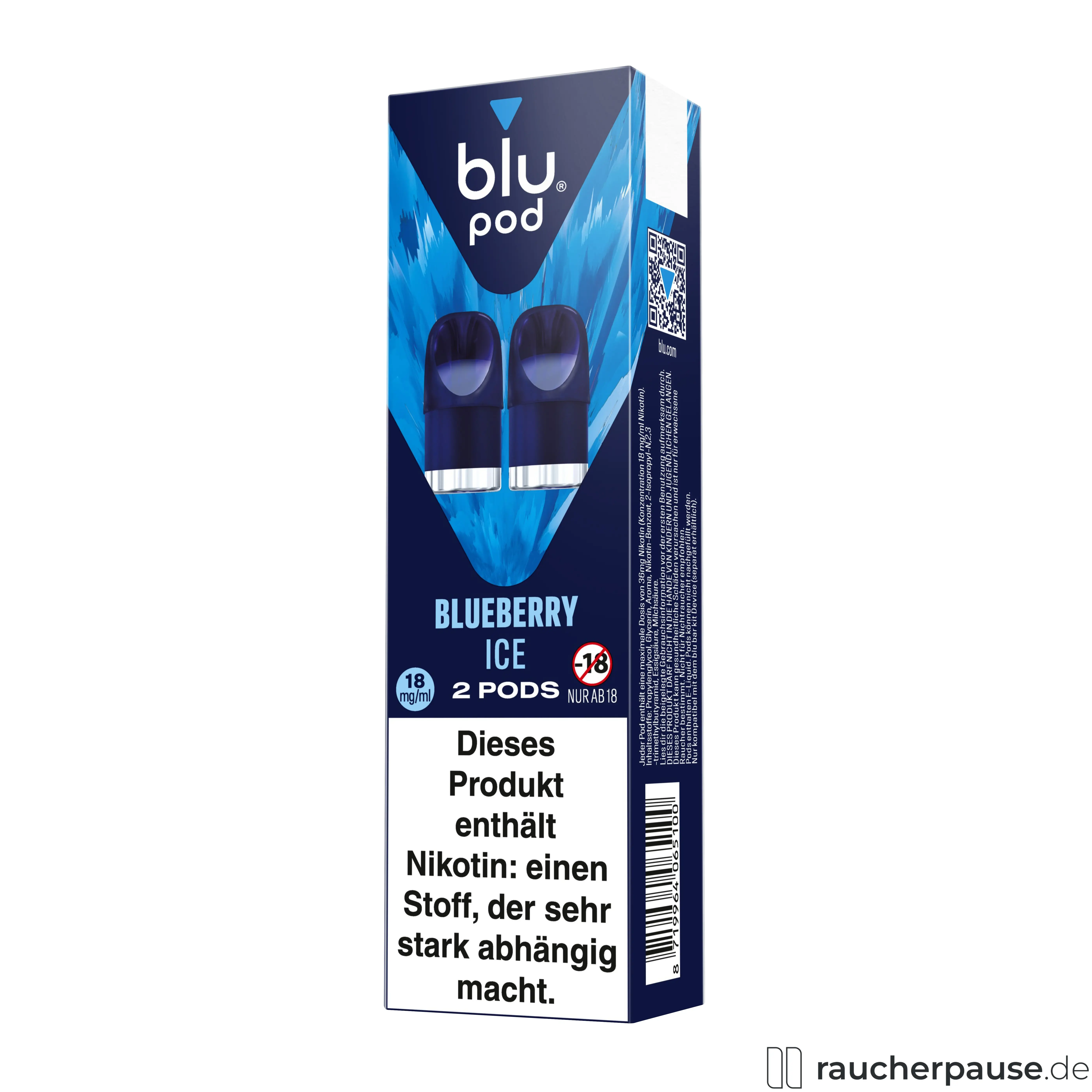 Blu Pod Blueberry Ice 18mg/ml Nikotin in moderner, minimalistischer Verpackung mit blauem Hintergrund und blauem Dreieck-Logo, enthaltend 2 Pods.