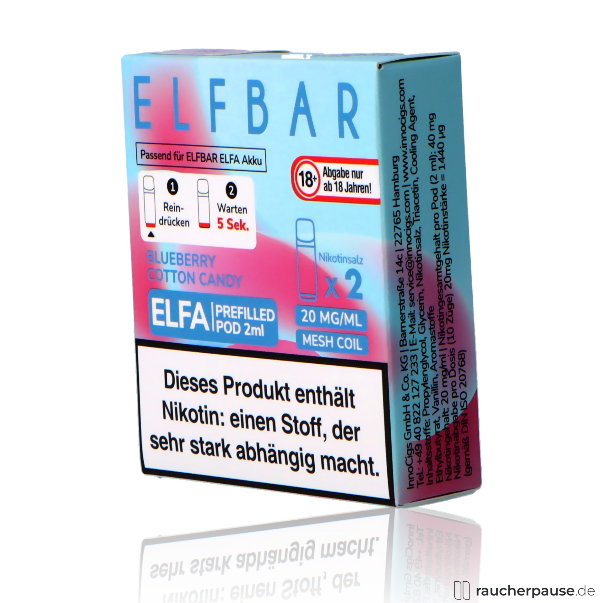 elfbar, elf bar elfa prefilled pods blueberry cotton candy ml nikotin, packshot hinterseite