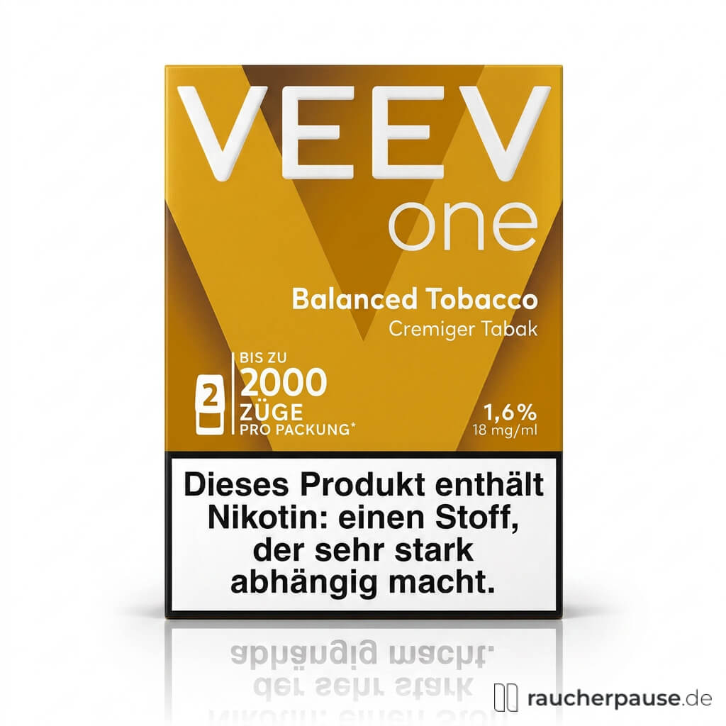 VeeV One Pods Balanced Tobacco 20mg/ml in gelber Dose mit VeeVone-Logo, cremiger Tabakgeschmack für E-Zigarette