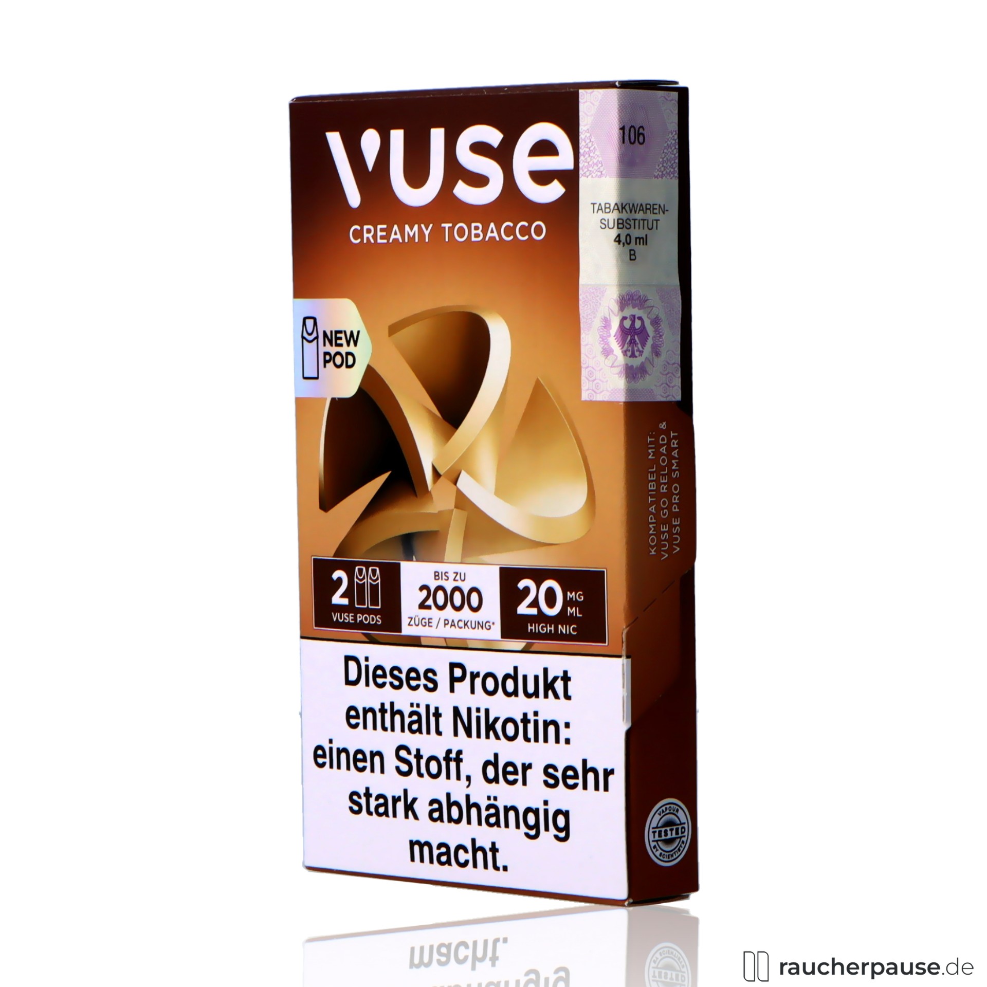 vuse, vuse pods creamy tobacco ml nikotin pods cremiger tabakgeschmack , packshot seitlich