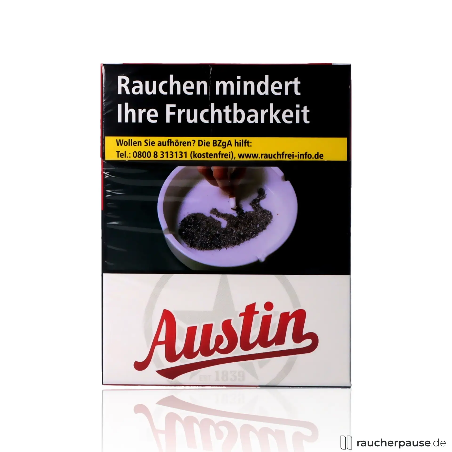 Austin Red Zigaretten XL, 24 Stk. pro Packung, in stilvoller Dose mit schwarzen Hintergrund, gelbem Streifen und rotem Schriftzug auf weißem Hintergrund.