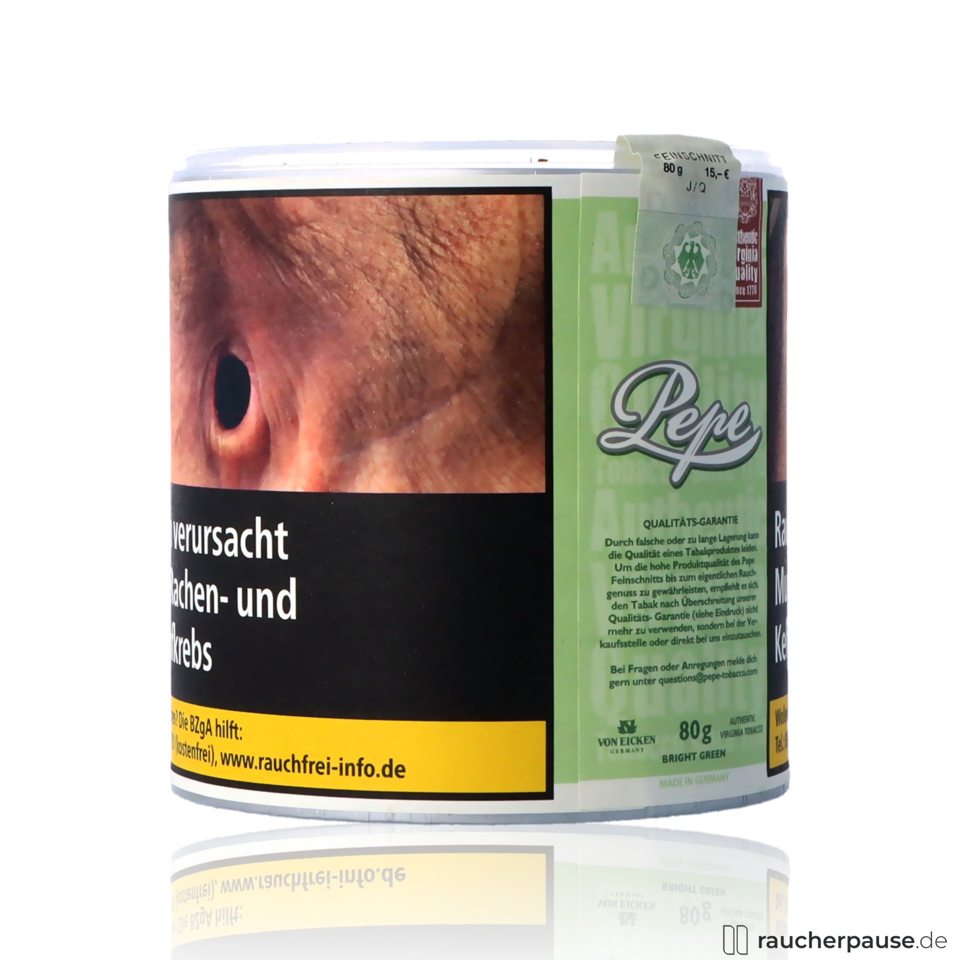 bright green tabak 80g dose prozent virginia ohne zusatzstoffe , packshot seitlich