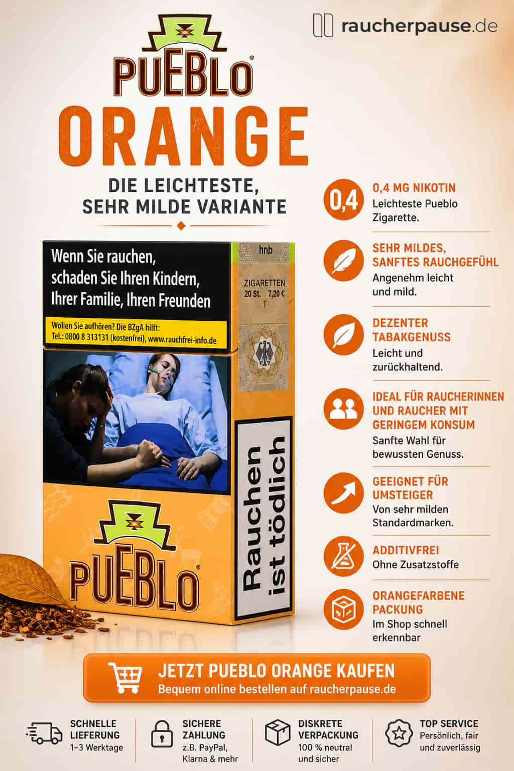 Pueblo Orange Zigaretten kaufen – sehr leichte und milde Variante ohne Zusatzstoffe