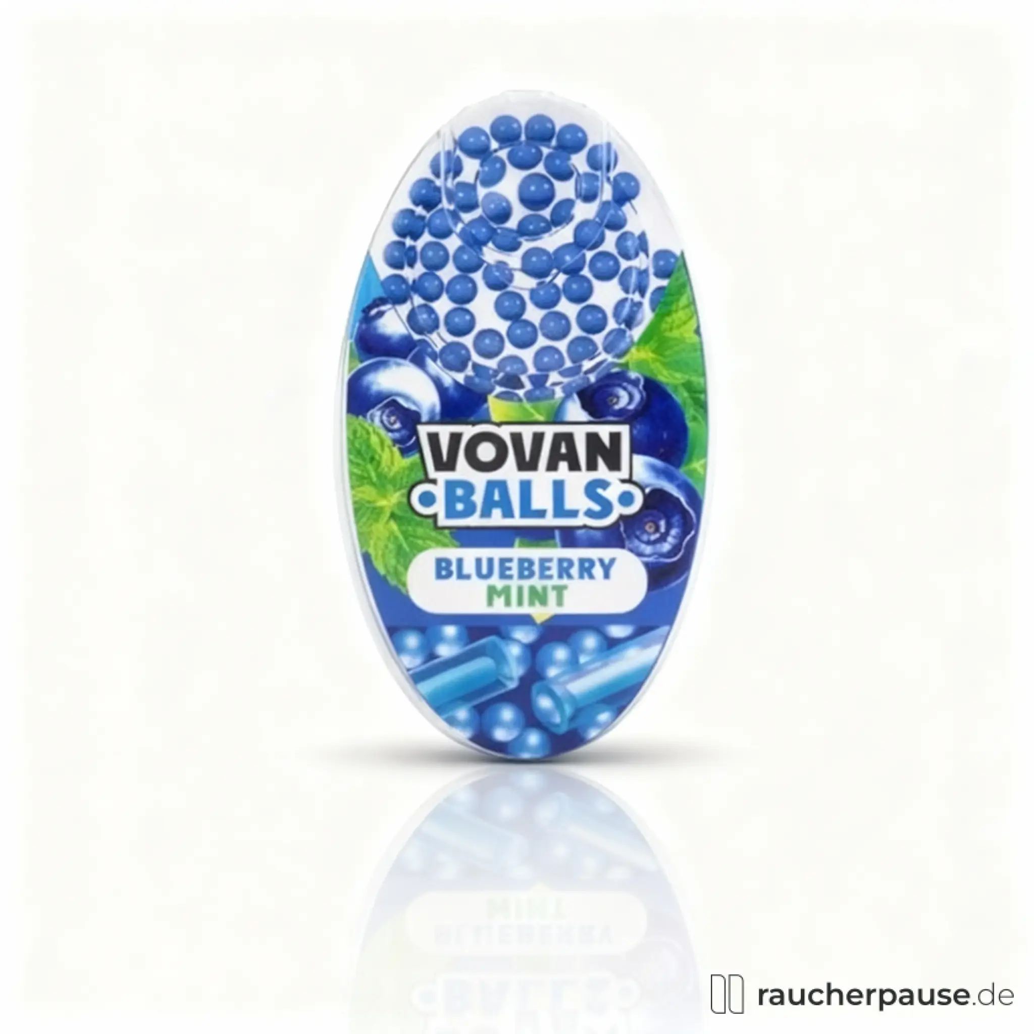 Vovan Balls Blueberry Mint Aromakapseln in ovaler Dose mit Blau-Weiß-Design, Logo und Blaubeeren-Minze-Kombination.