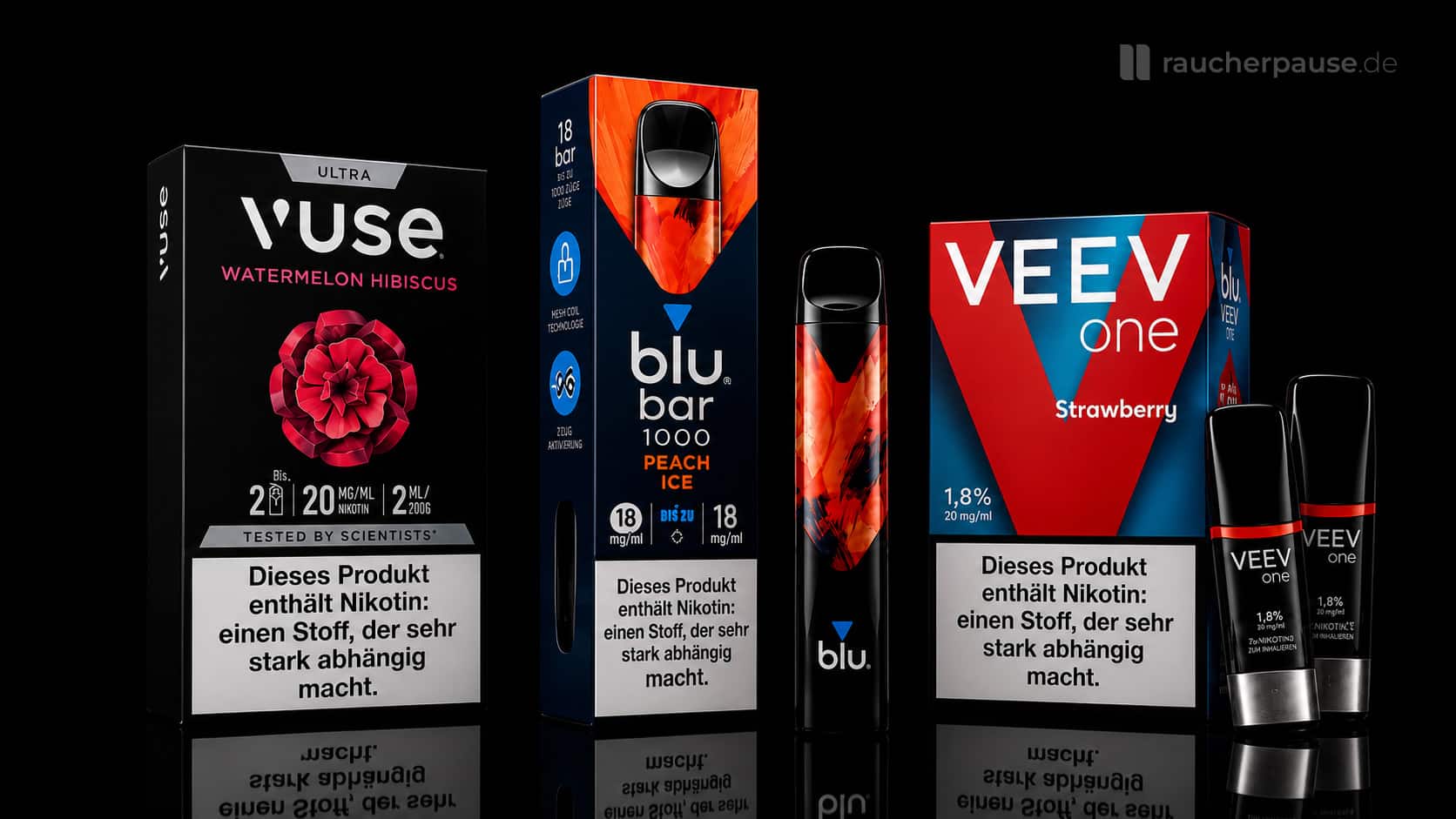 Vuse, VEEV und Blu Pod Verpackungen im Bannerbild
