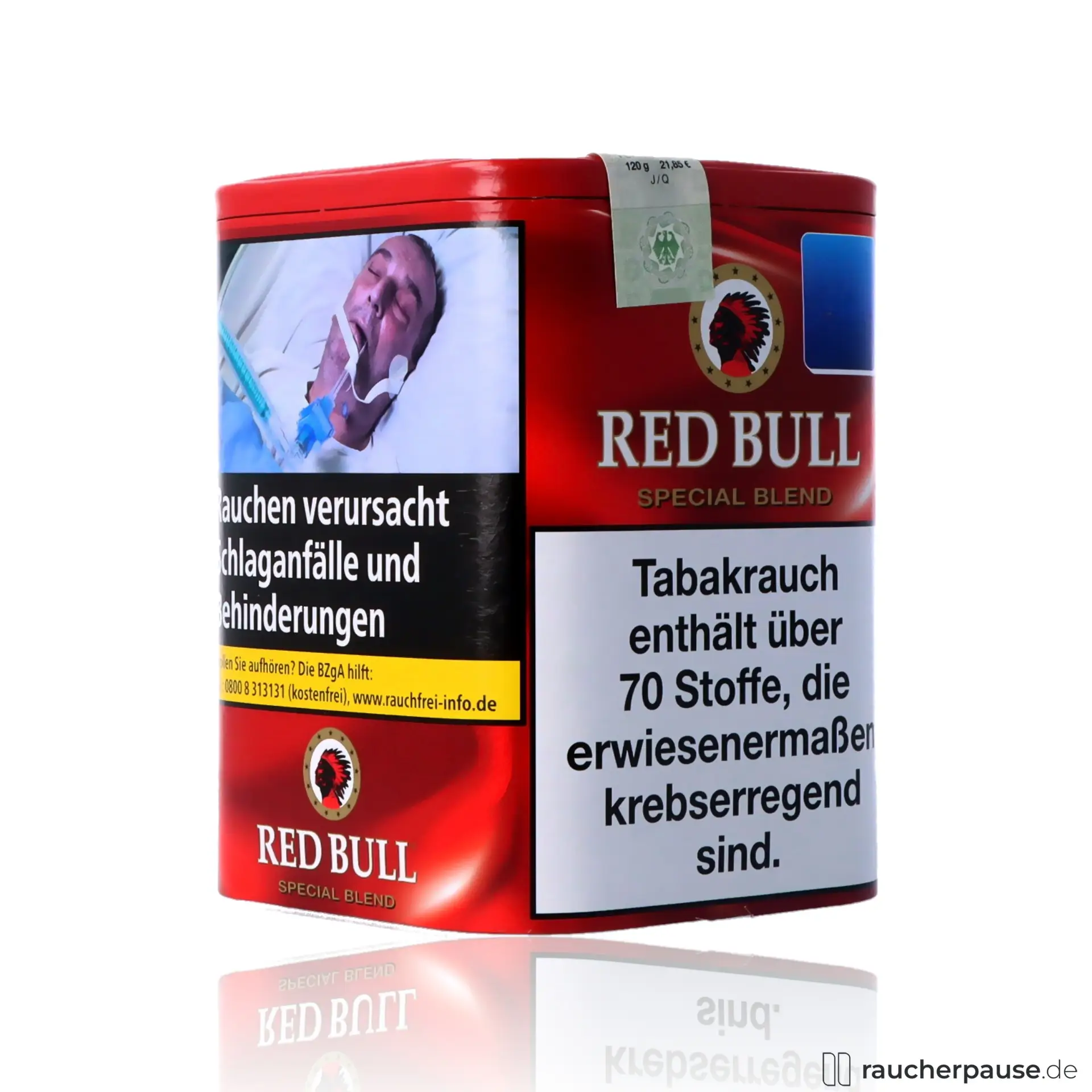 Red Bull Special Blend Tabak in 120g Dose mit Virginia- und Burley-Mischung in einer stilvollen, metallischen Verpackung.