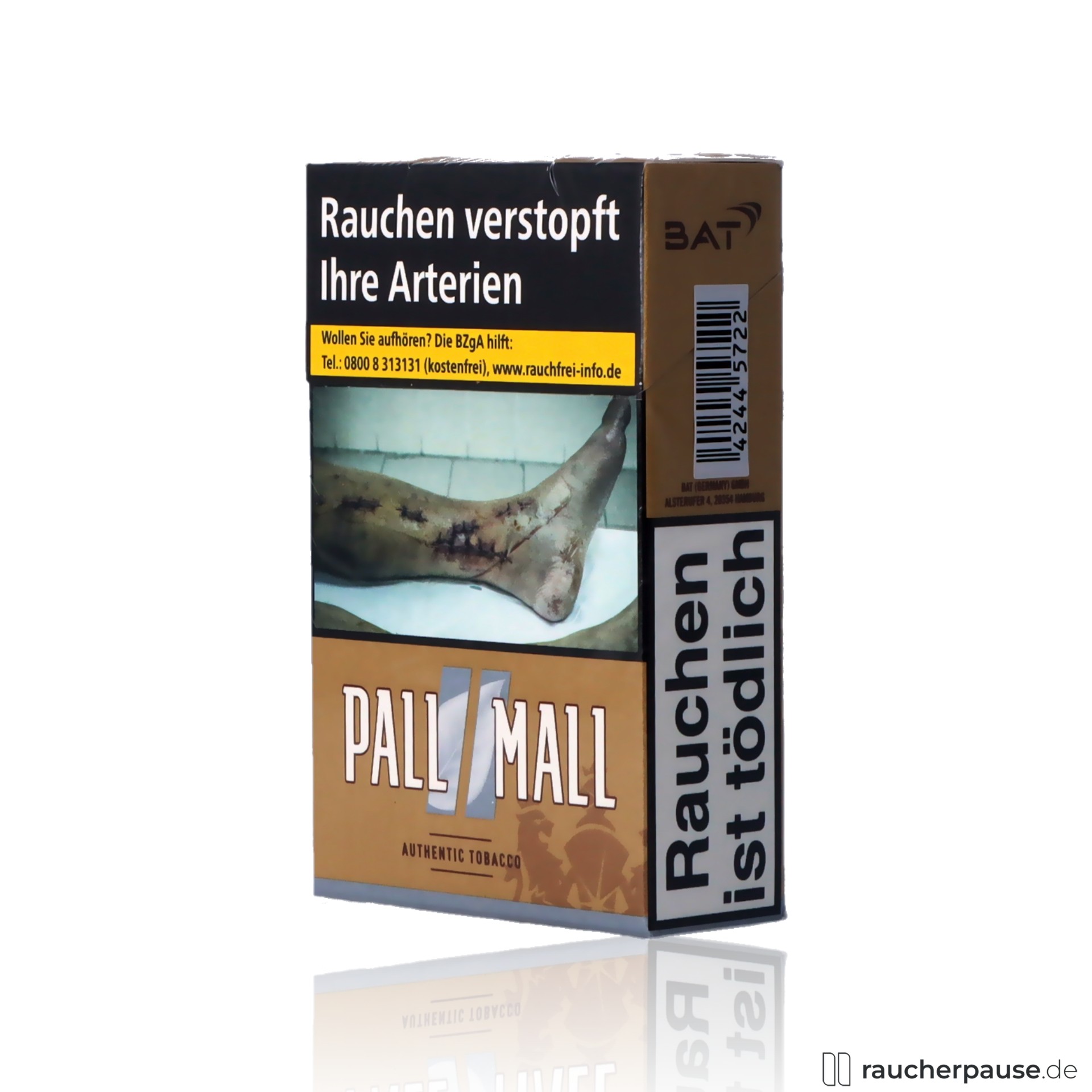 Pall Mall Authentic Silver Zigaretten, 20 Stk. pro Packung, ohne Zusatzstoffe in quadratischer braun-schwarzer Verpackung mit weißem Logo auf braunem Hintergrund.