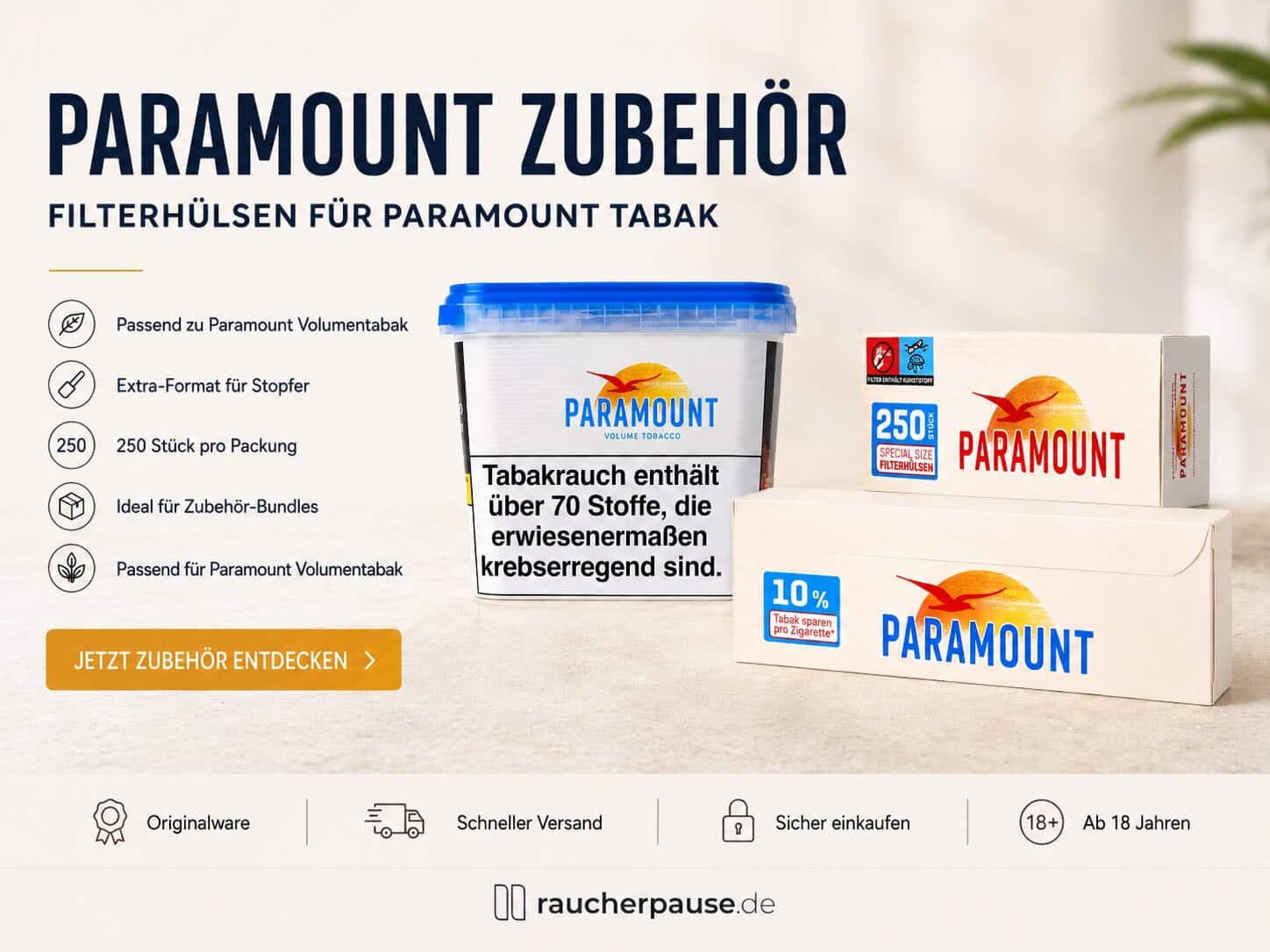 Paramount Volumentabak mit Paramount Extra und Blue Extra Filterhülsen