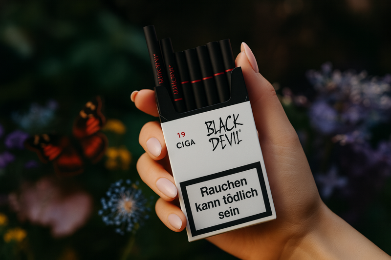 Black Devil Zigaretten in einer Hand mit manikürten Nägeln mit Blumen im Hintergrund