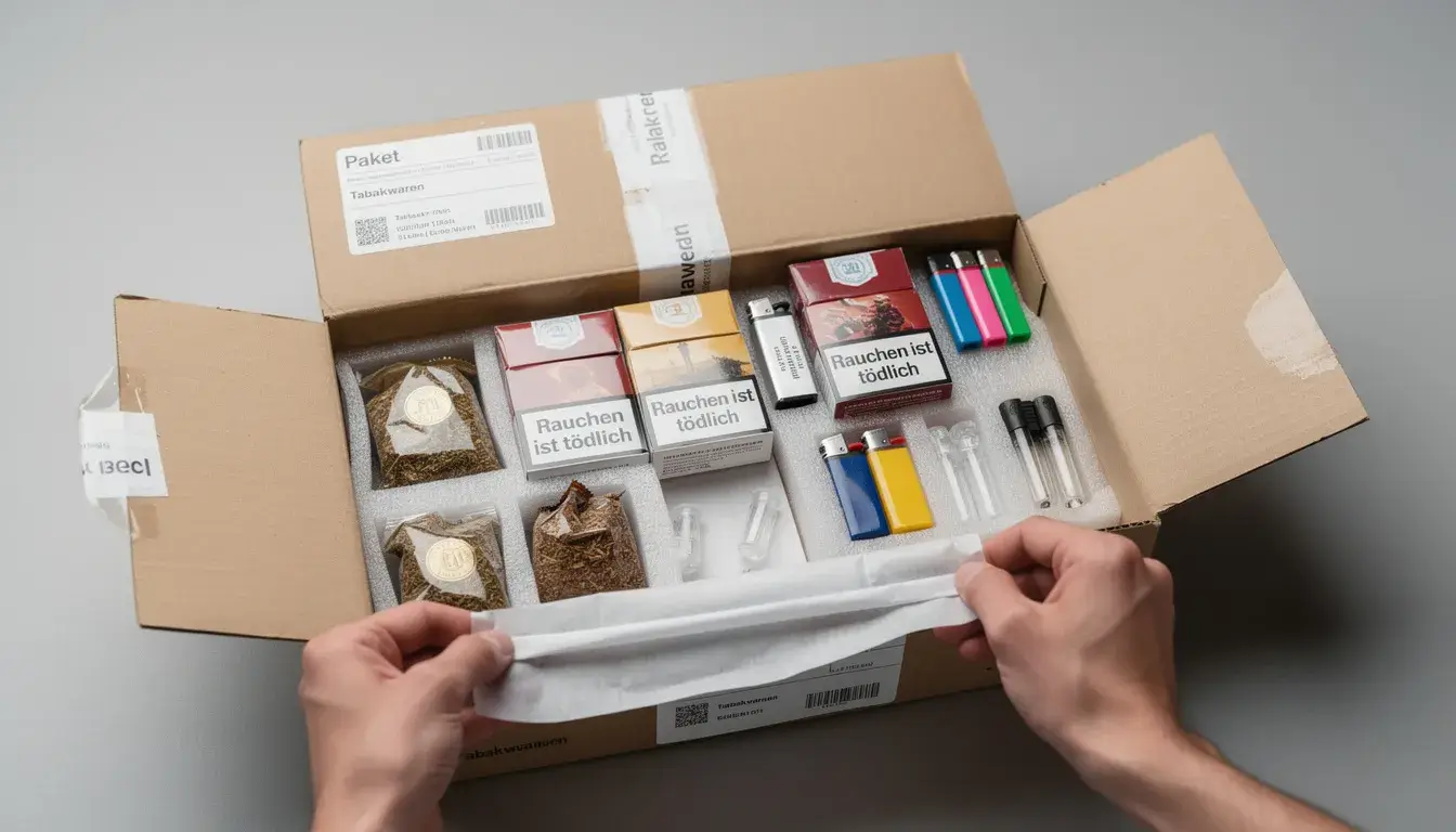 Ein offenes Paket mit verschiedensten Feuerzeugen und Tabak und Zigaretten befüllt.