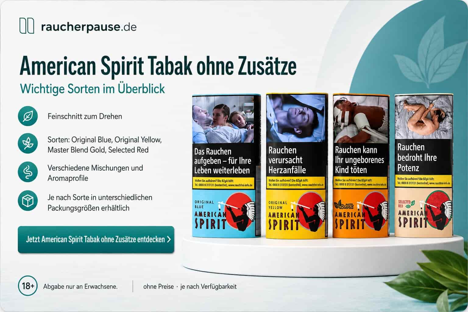 American Spirit Tabak ohne Zusätze mit Original Blue, Original Yellow, Master Blend Gold und Selected Red