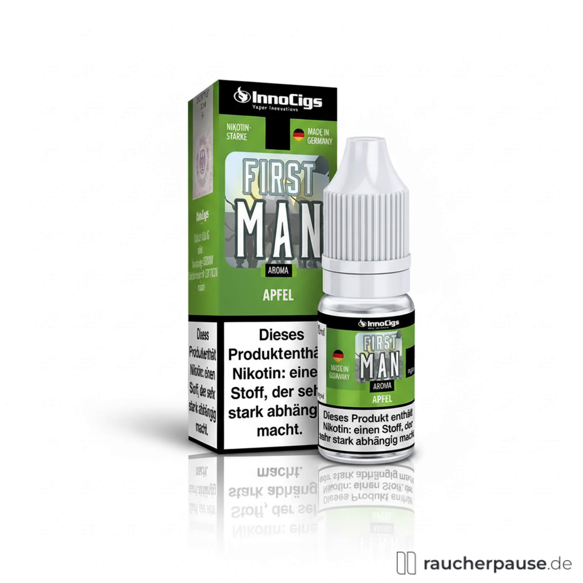 InnoCigs First Man Apfel E-Liquid in 10ml Flasche mit 3mg Nikotin, dargestellt mit einer stilisierten Apfel-Illustration auf dem Etikett.