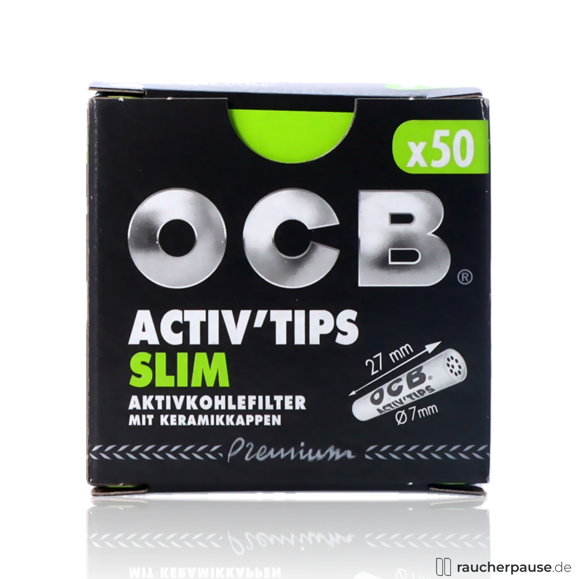 OCB Activ Tips SLIM | Aktivkohle-Filter mit Keramikkappen | 50 Stück | 27mm x 7mm
