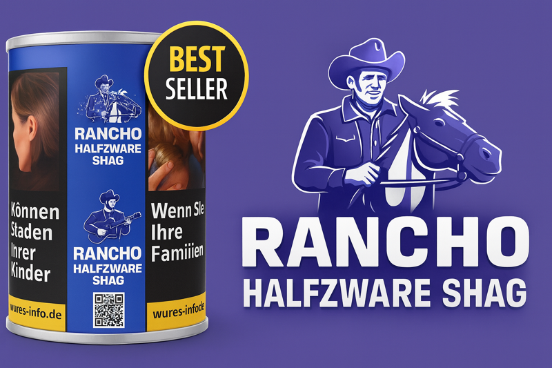 Rancho Tabak Logo in blau mit Cowboy Karikatur