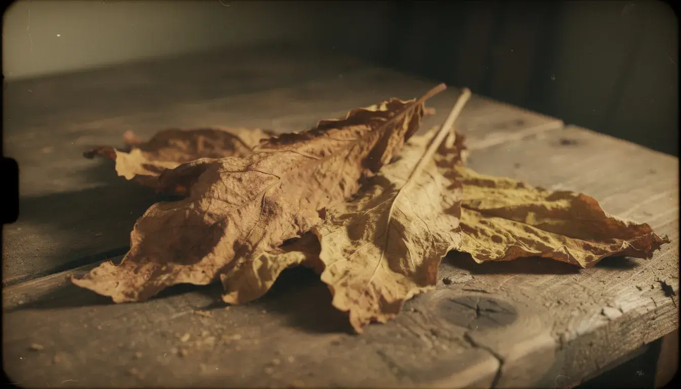Die Vintage-Aufnahme zeigt eine rustikale Anordnung von Tabakblättern auf einem Holztisch, die die Tradition des Tabakgenusses symbolisieren.