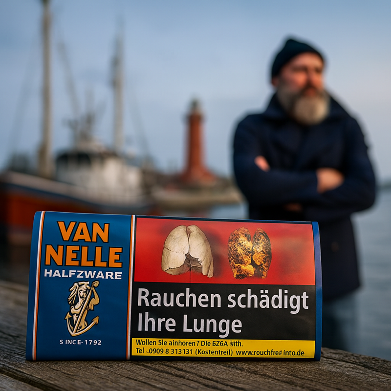 Van Nelle Tabak Pouch am Hafen mit einem Seemann und Boot im Hintergrund