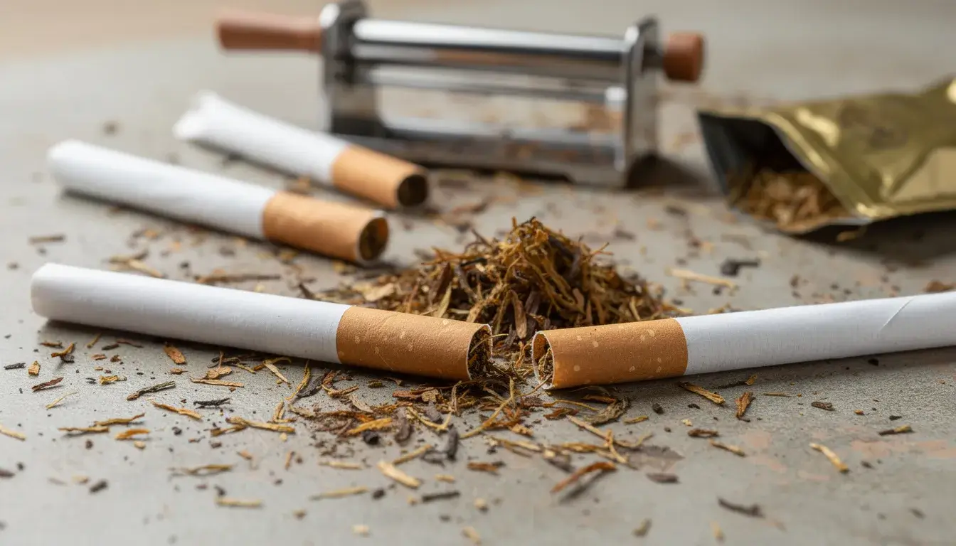 Vier Zigaretten liegen mit losen Tabak neben einem Stopfgerät auf einem Tisch