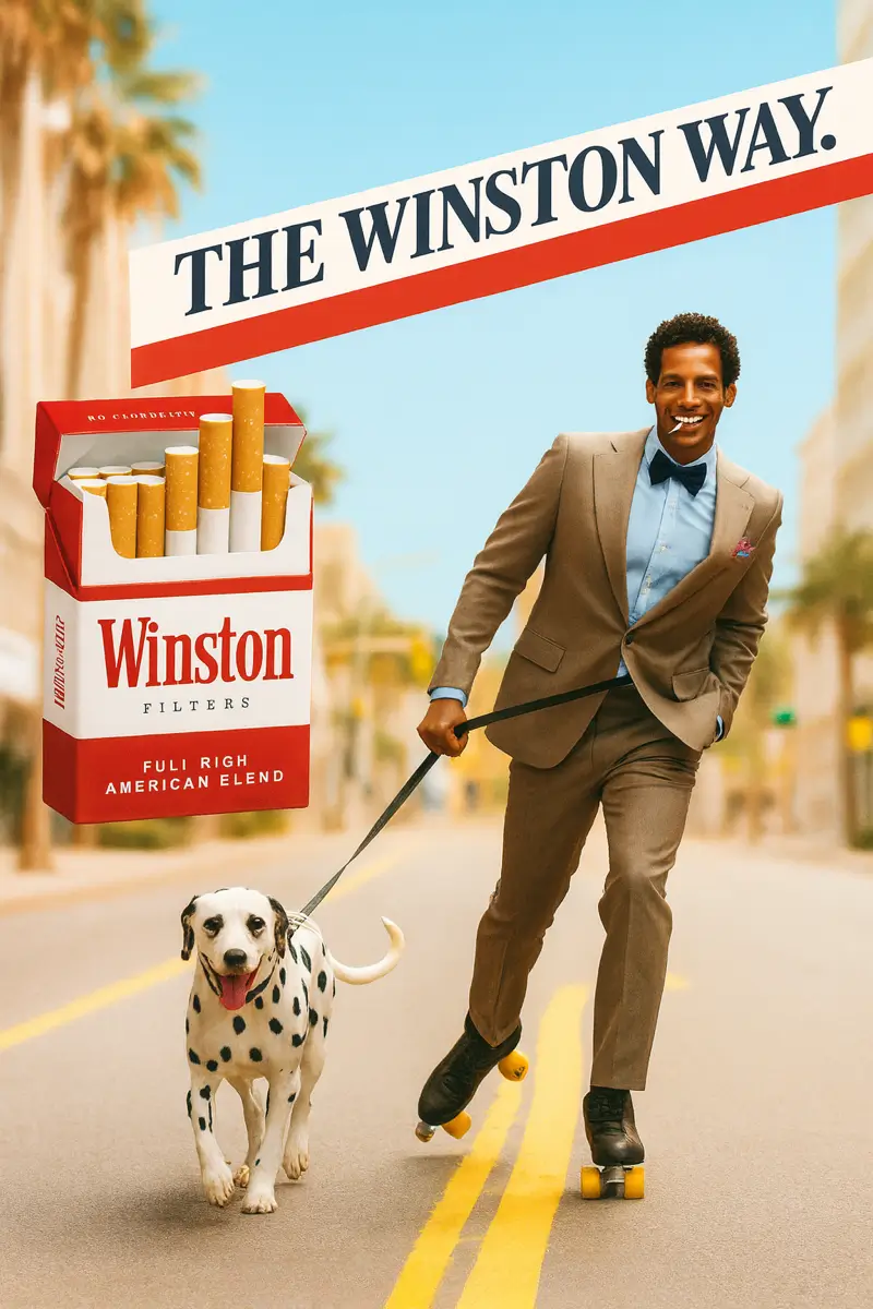 Mann im Anzug mit Rollschuhen und Hund auf der Straße, neben einer Winston Zigarettenschachtel, die den Slogan „THE WINSTON WAY“ zeigt.