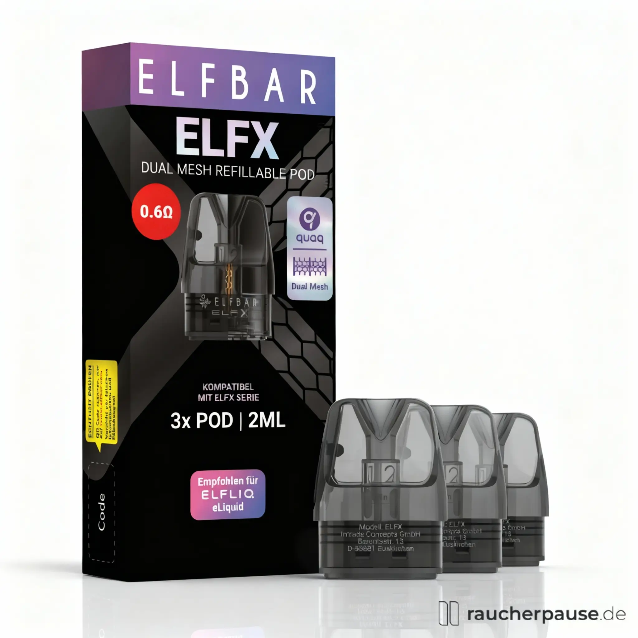 ELFX Refillable Pod 0.6 Ohm | Dual-Mesh Coils | Intensives RDL-Dampferlebnis | 2.0 ml Tank | QUAQ Heating Technology