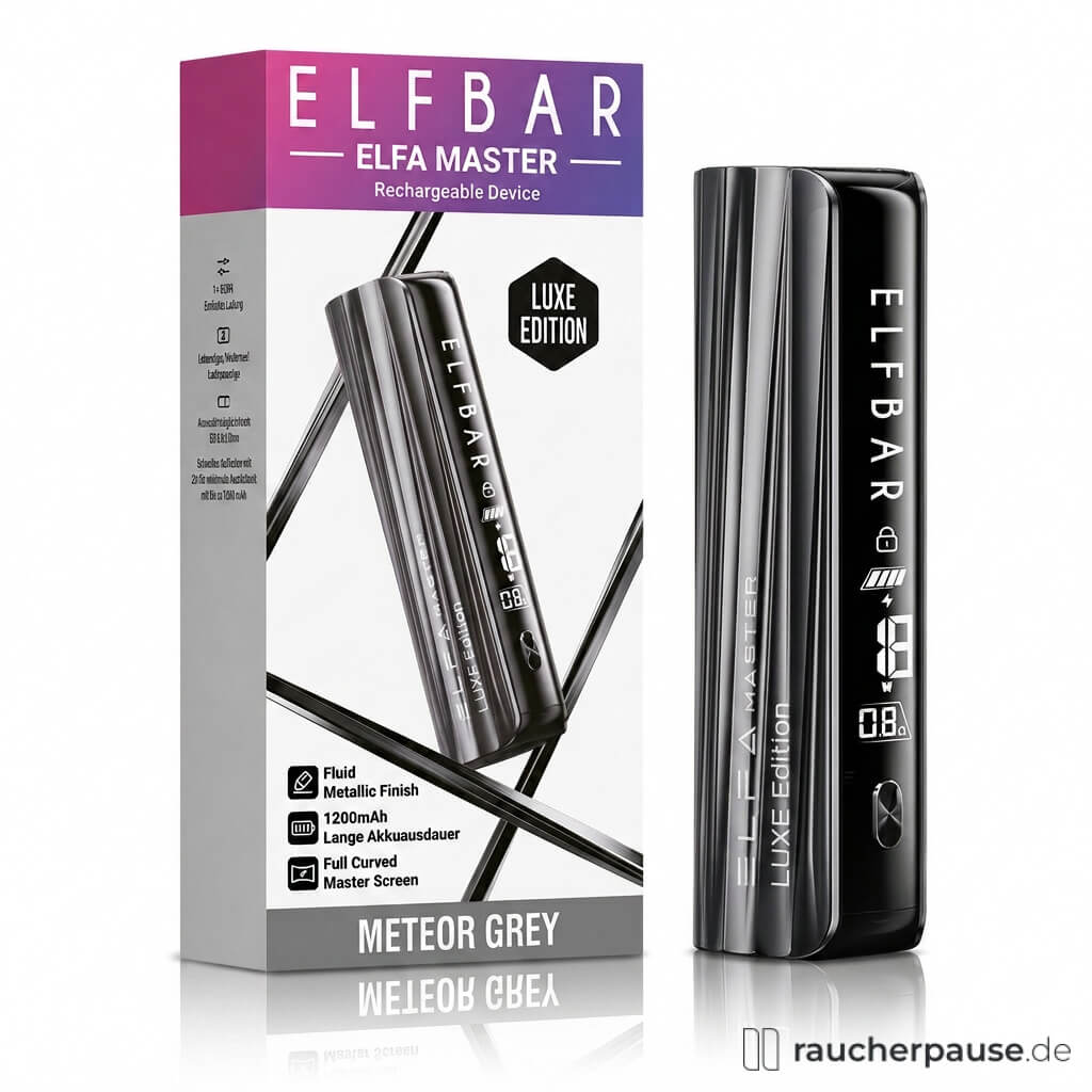 ELFBAR ELFA Master Luxe Edition 1200 mAh Akku in Meteor Grey mit weißem Logo auf schwarzer und metallic grauer Verpackung.