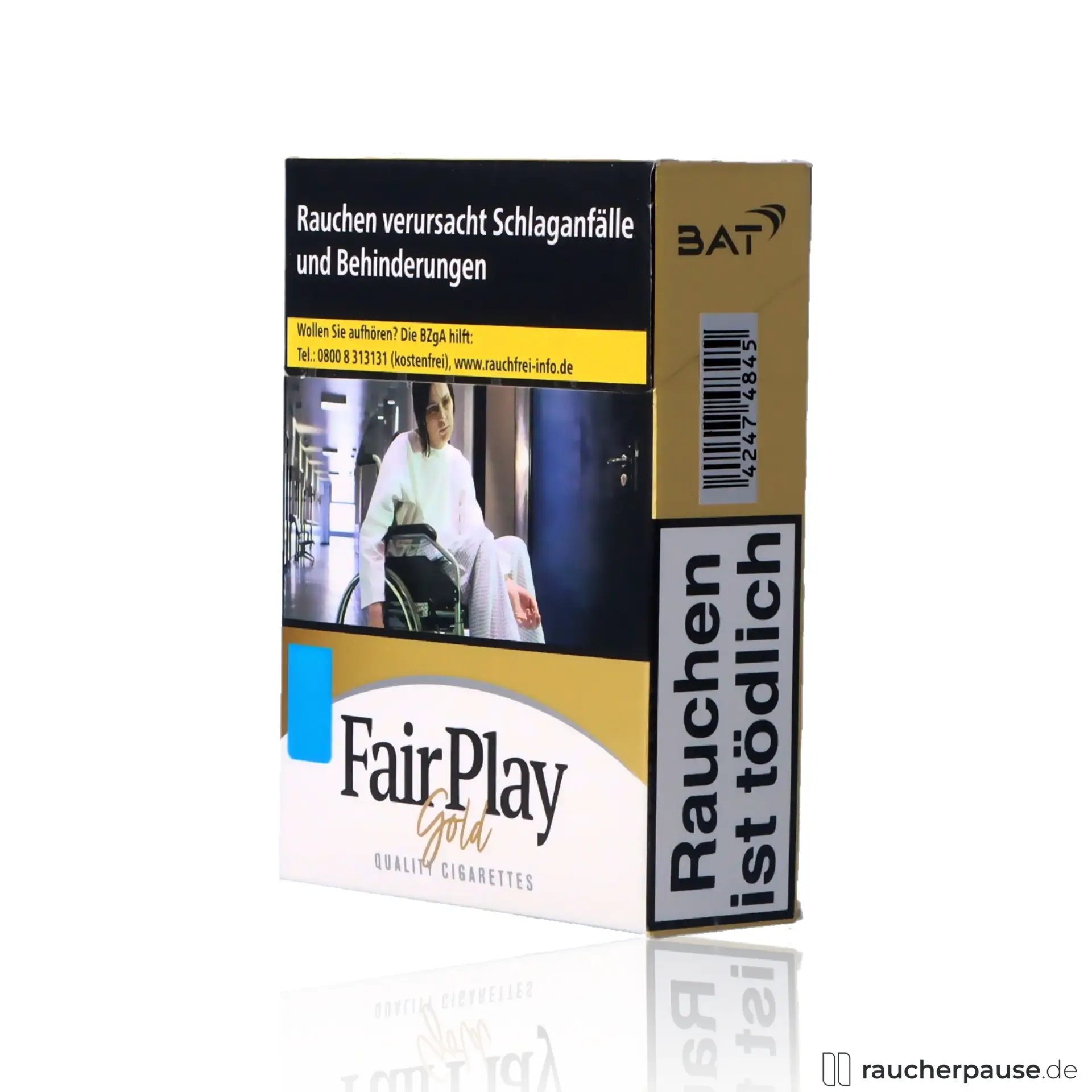 Fair Play Gold Zigaretten, 22 Stk. pro Packung King Size, in einer eleganten Dose mit gold-weißer Verpackung und blauem Streifen.