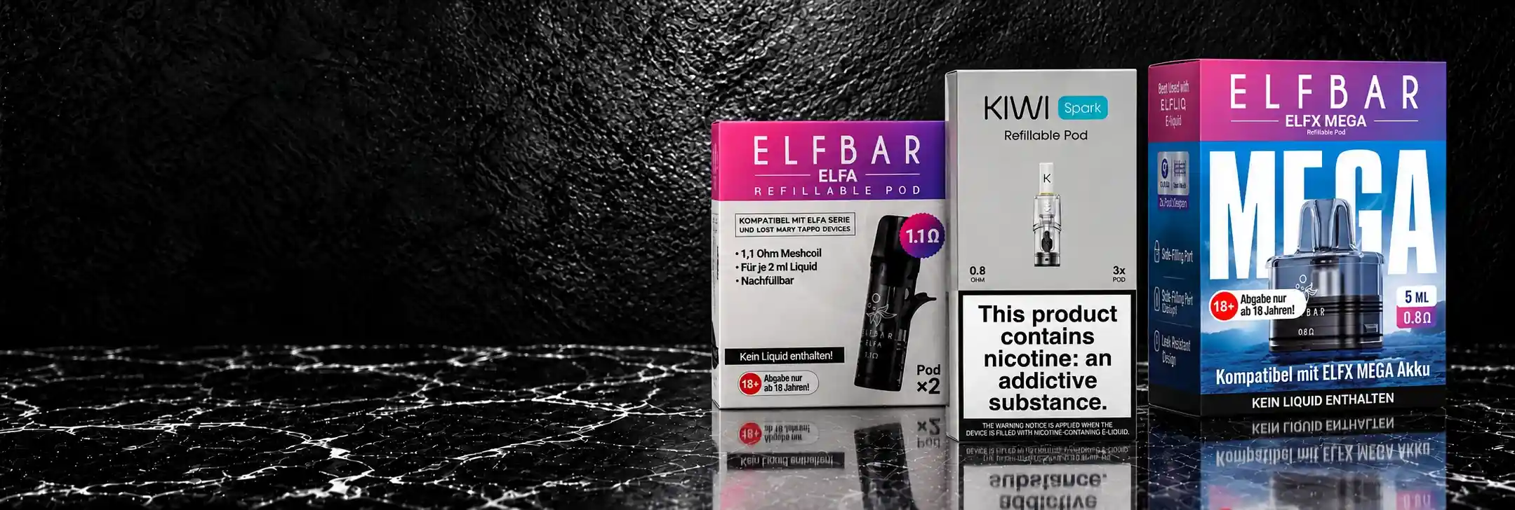 Leerpods und Ersatzpods von ELFBAR und KIWI Produktverpackungen von ELFBAR ELFA, KIWI Spark und ELFX Mega Refillable Pods