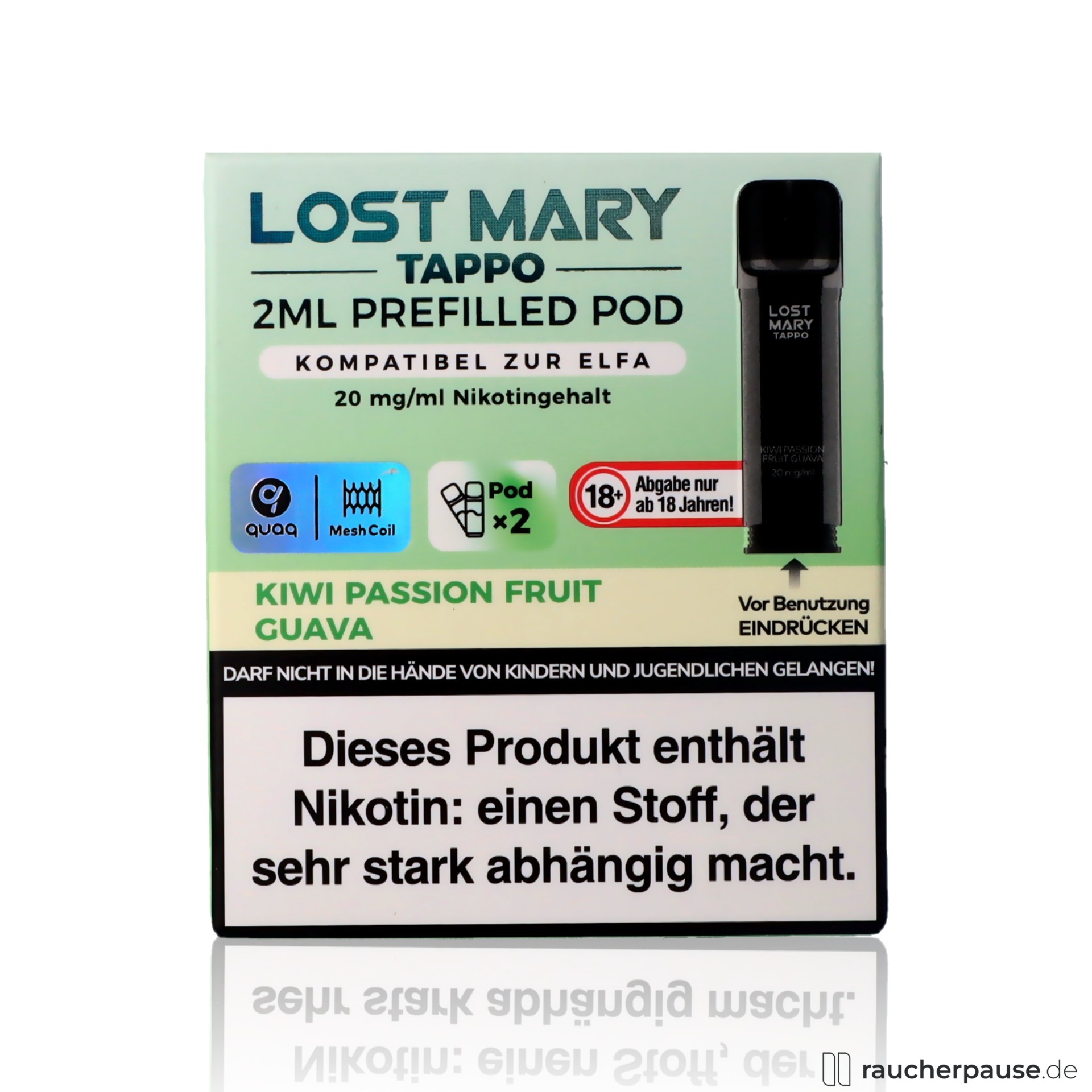 lost mary, lost mary tappo kiwi passionfruit guava prefilled pods quaq mesh coil nikotinsalz fruchtig , packshot vorderseite