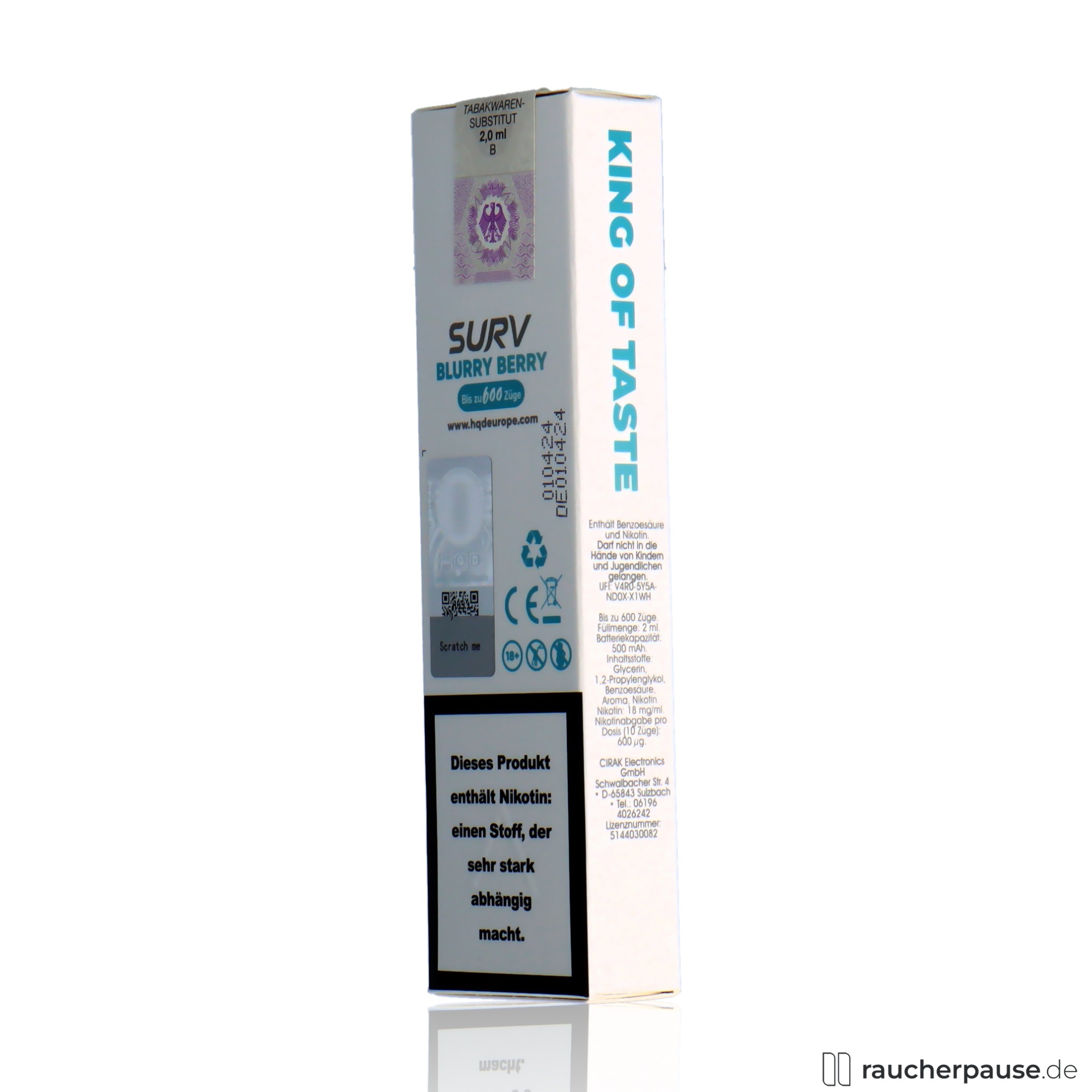 hqd, hqd surv einweg e shisha blue razz blurry berry ml nikotin zuege , packshot hinterseite