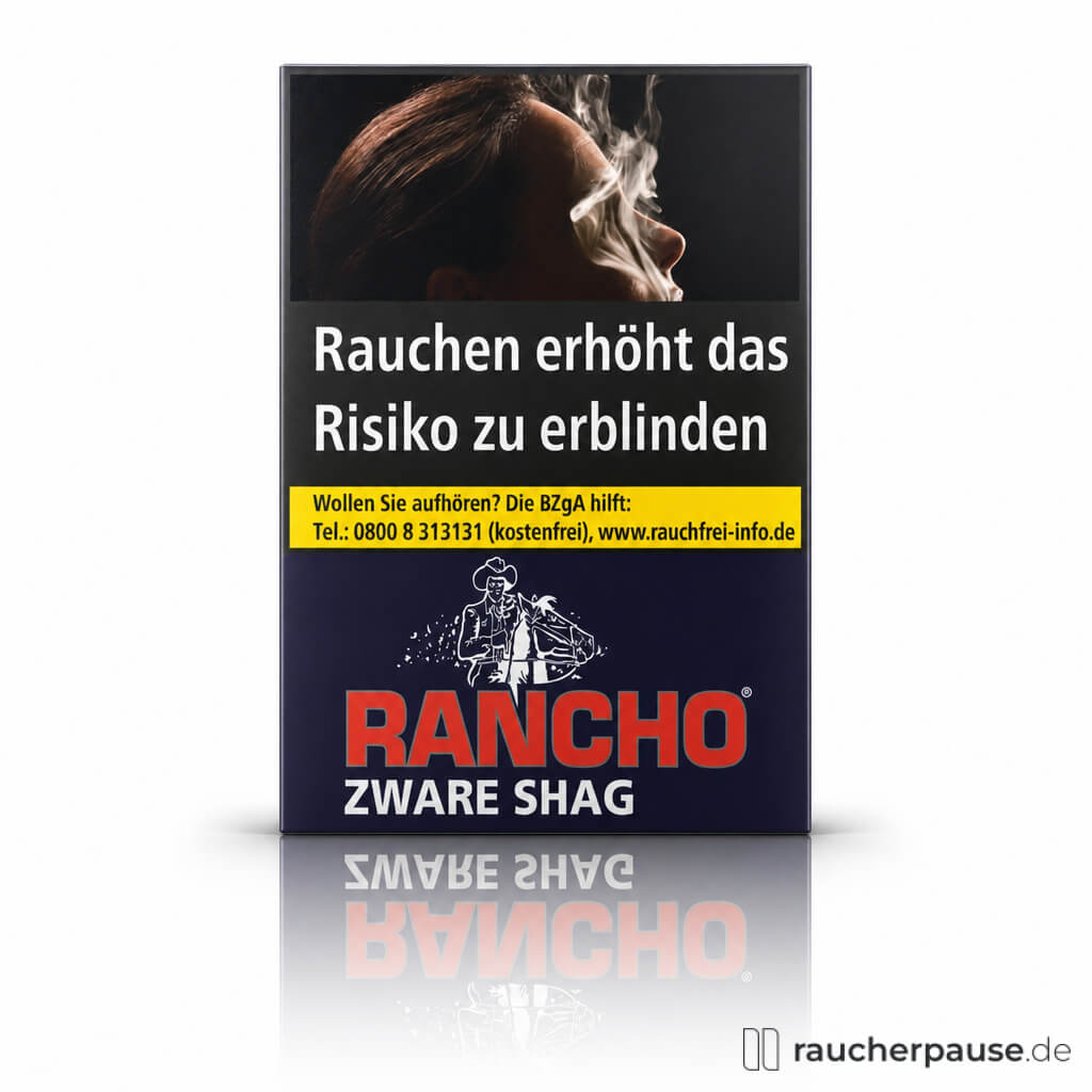 Rancho Zware Shag in 100g Pouch mit stilisiertem Cowboy-Logo auf rotem und weißem Hintergrund in einer dunklen Dose.