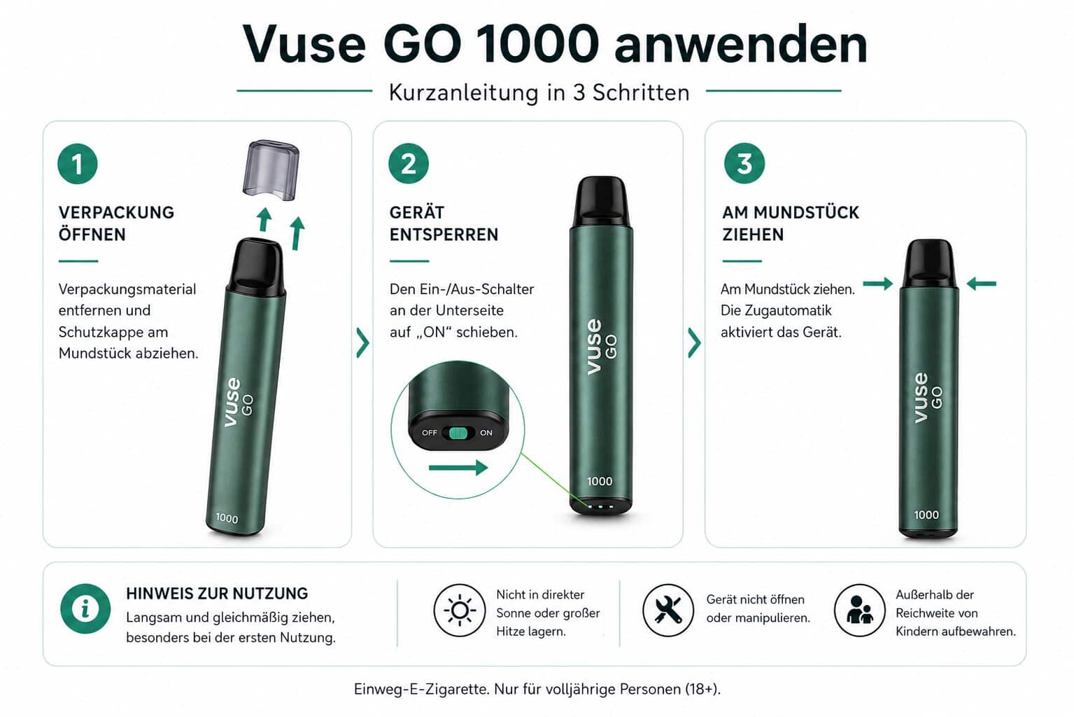 Vuse GO Anleitung – Vuse GO 1000 in drei Schritten anwenden