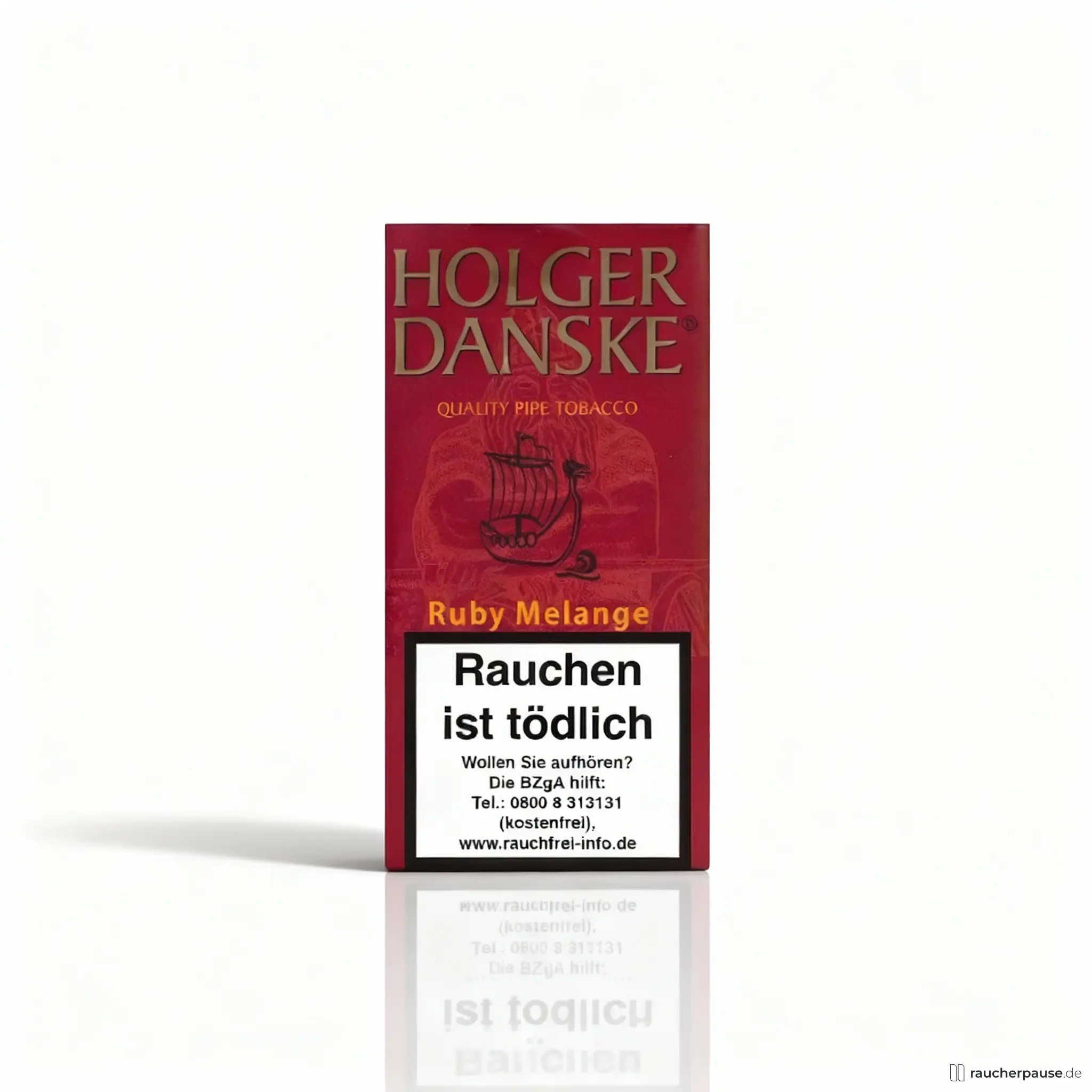 Die klassische rote Dose von Holger Danske mit Schiffslogo zeigt den Namen 'Ruby Melange' und enthält 40g Pfeifentabak mit Kirsche & Vanille Aroma.