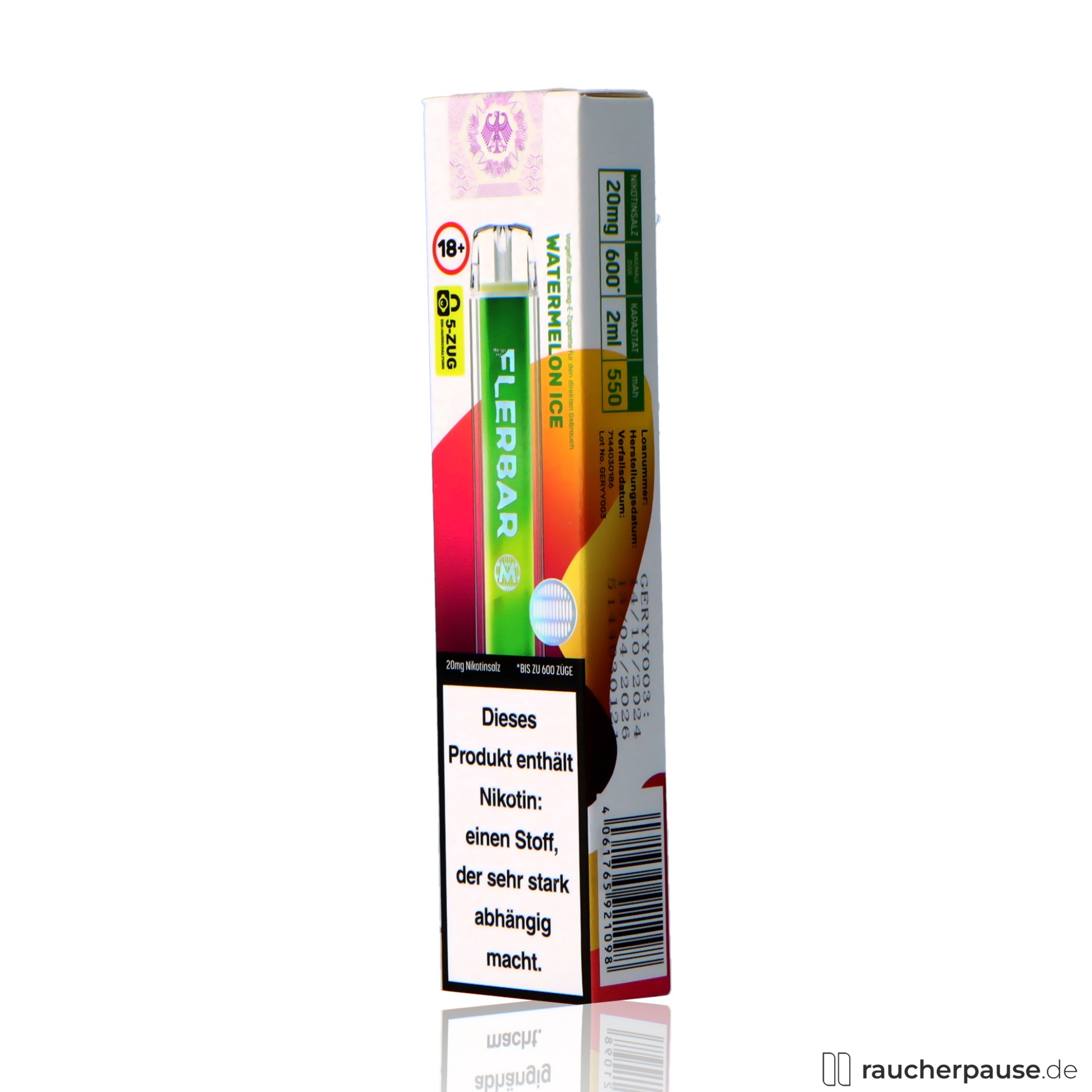 flerbar, flerbar einweg vape watermelon ice zuege ml nikotin wassermelone ice , packshot vorderseite