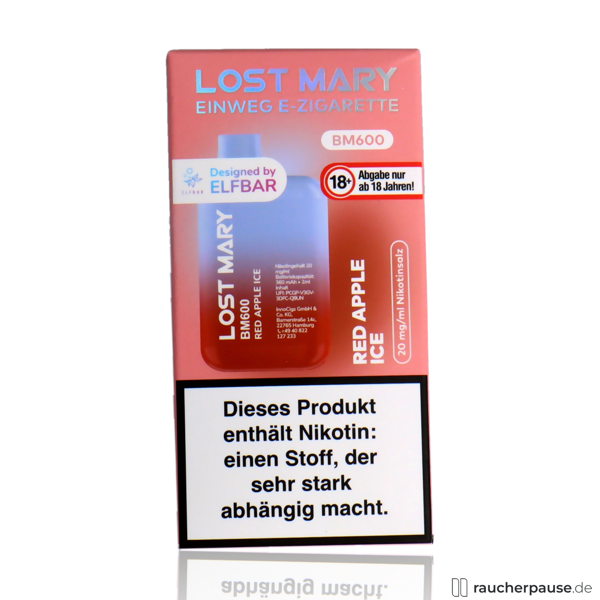 Lost Mary BM600 Einweg E-Zigarette | Red Apple Ice | 20 mg/ml Nikotin | 600 Züge lost mary, lost mary einweg e zigarette red apple ice ml nikotin zuege, packshot hinterseite