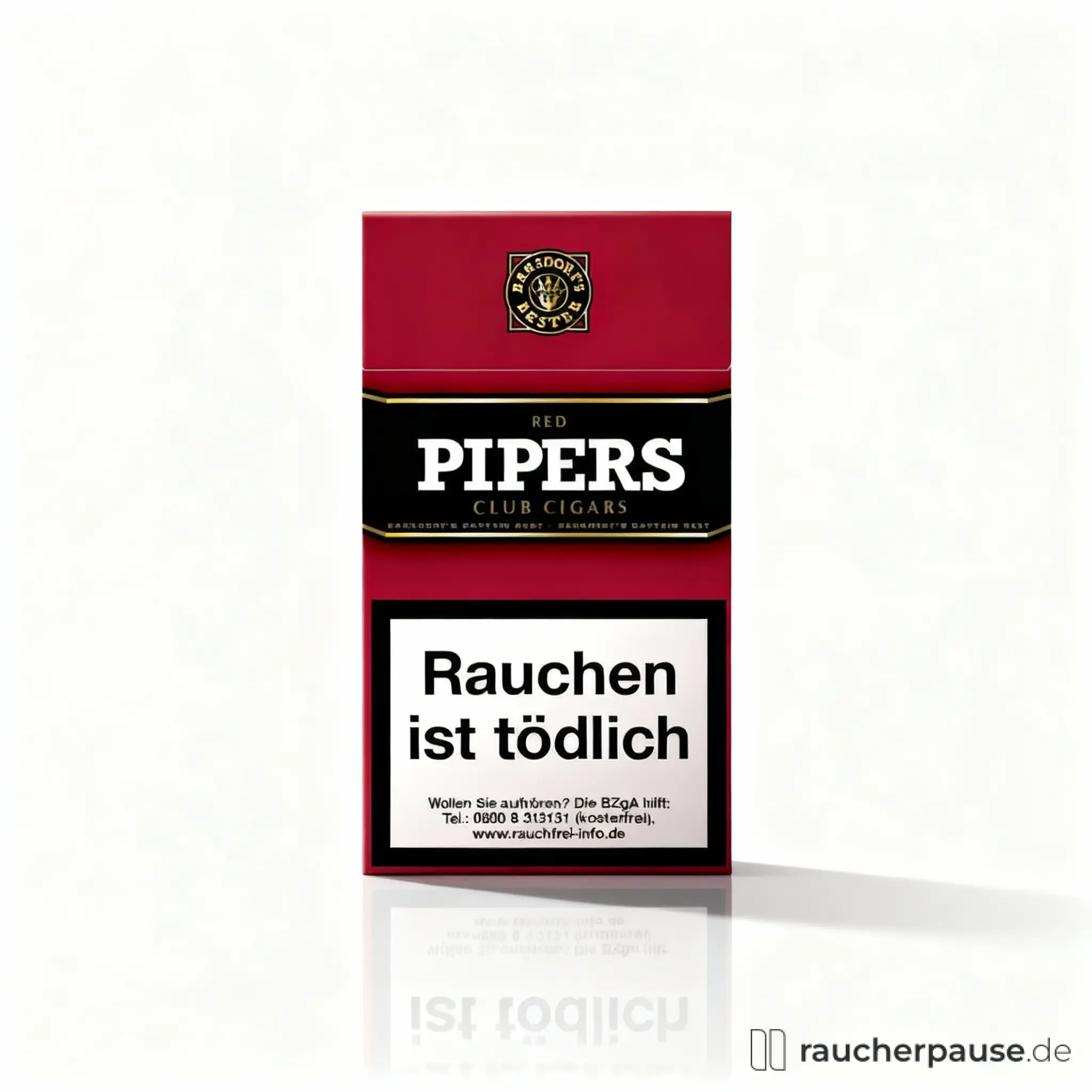 Packung von Pipers Club Cherry Cigarillos mit stilisiertem Logo auf roter und schwarzer Verpackung mit glänzender Oberfläche.