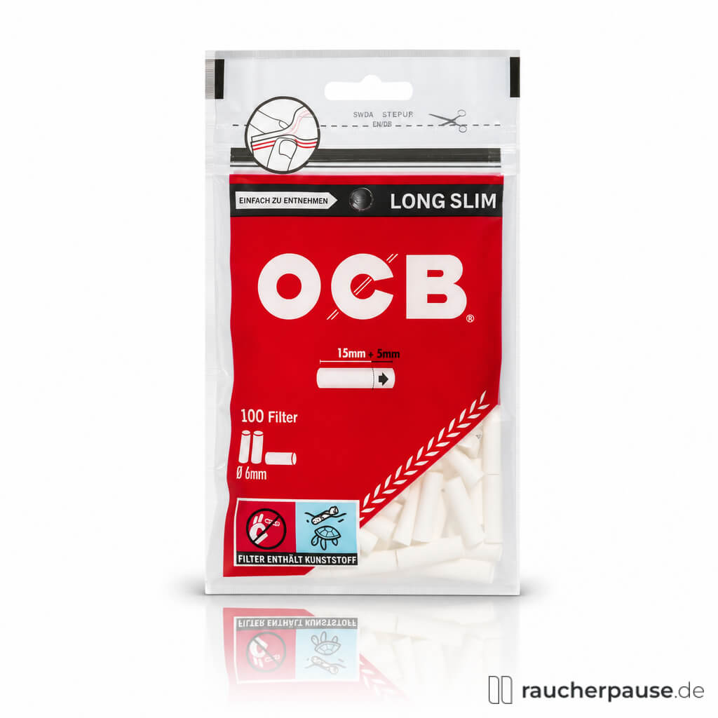 OCB Long Slim Filter 6 mm in transparenter roter Plastiktüte mit weißem Logo und schwarzen Schriftzügen, 100 Stück.