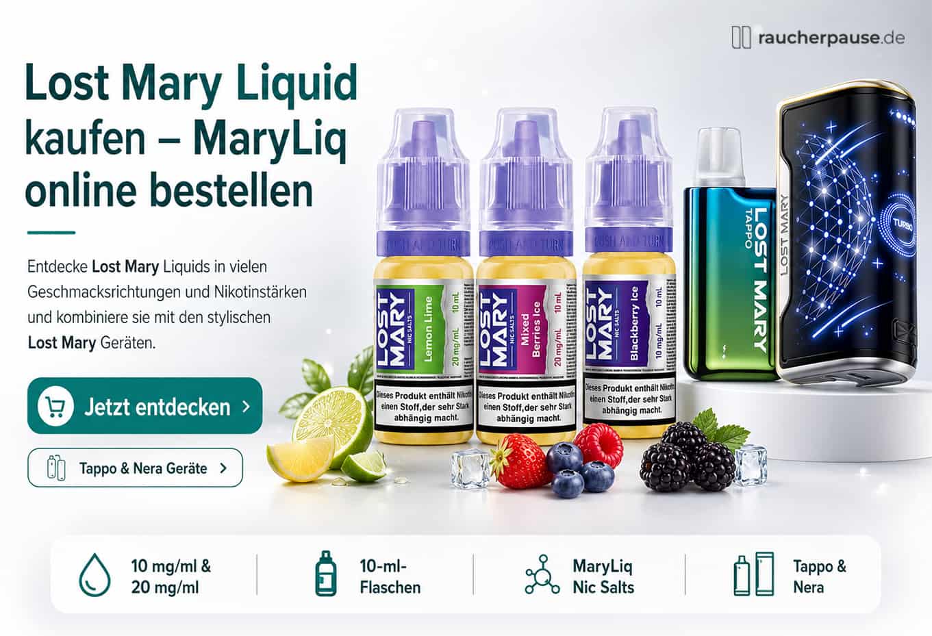 Lost Mary Liquid kaufen mit Maryliq Nic Salts in verschiedenen Sorten sowie Lost Mary Tappo und Nera Geräten