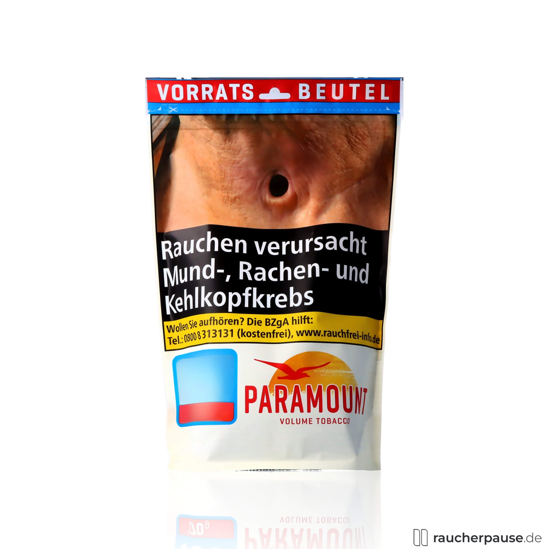 Paramount Volumentabak 170g American Blend in rechteckiger Beutelverpackung mit rotem, schwarzem und weißem Design und gelbem Logo auf 39,95 €.