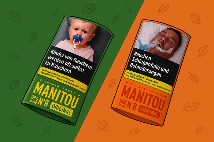Zwei Karikaturen von Manitou Tabak Pouches No. 9 und No. 8