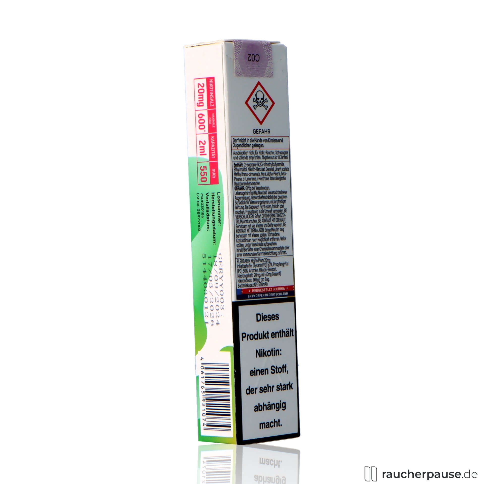 flerbar, flerbar einweg vape mojito plum zuege ml nikotin mojito pflaume , packshot vorderseite