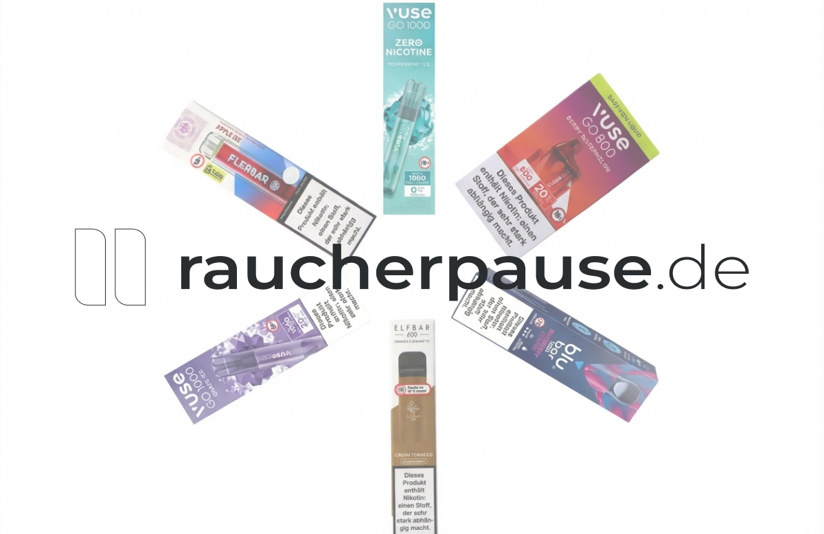 Verschiedenste Einweg-Vapes-Produkte angeordnet auf einem weißen Hintergrund in einer Kreisform