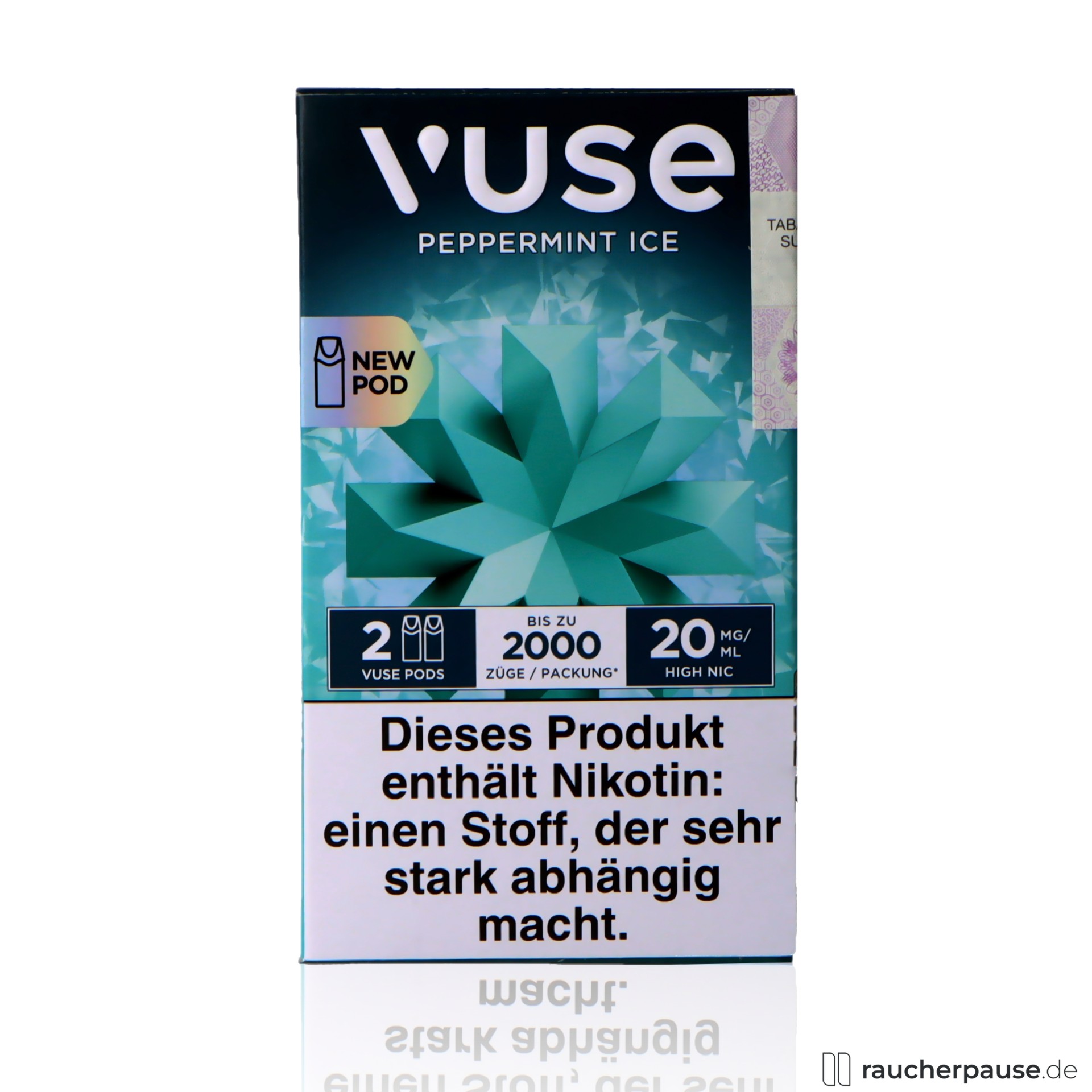 Vuse Pods Peppermint Ice | 20 mg/ml Nikotin | 2 Pods | Frische Minze & Ice vuse, vuse pods peppermint ice ml nikotin pods frische minze ice , packshot hinterseite