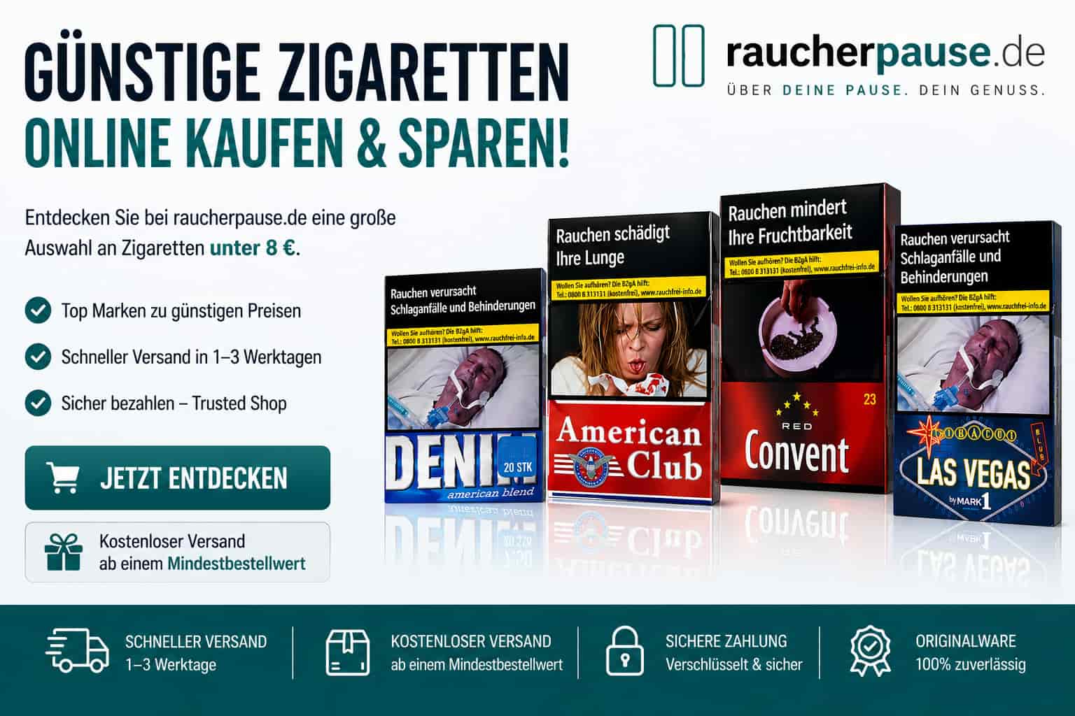 Günstige Zigaretten online kaufen – Auswahl unter 8 € mit schnellem Versand bei raucherpause.de