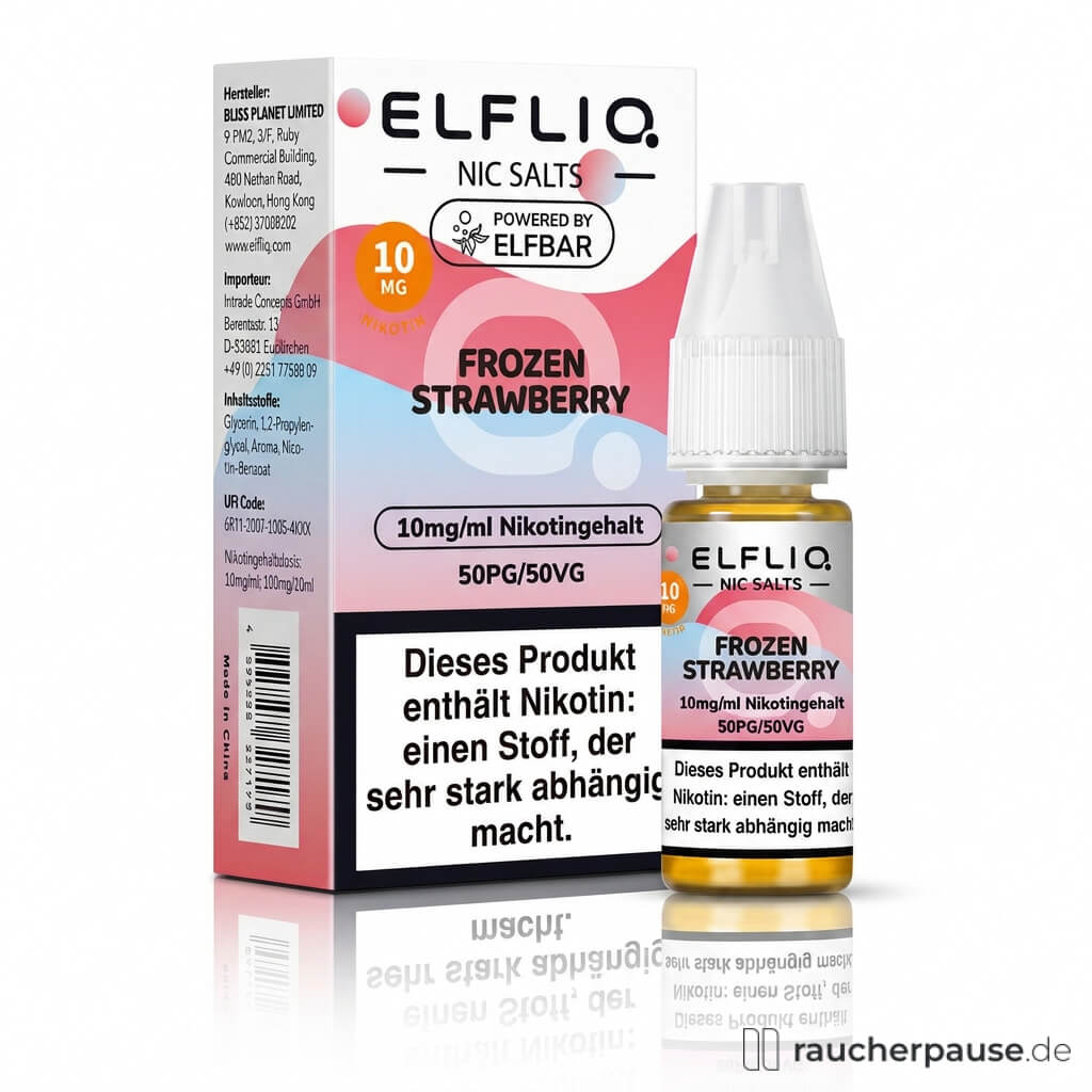 Elfliq by Elfbar Frozen Strawberry Nikotinsalz Liquid in pastellfarbener Dose mit rosa, blau und weißem Design und minimalistischem Logo mit stilisiertem 'Q'.