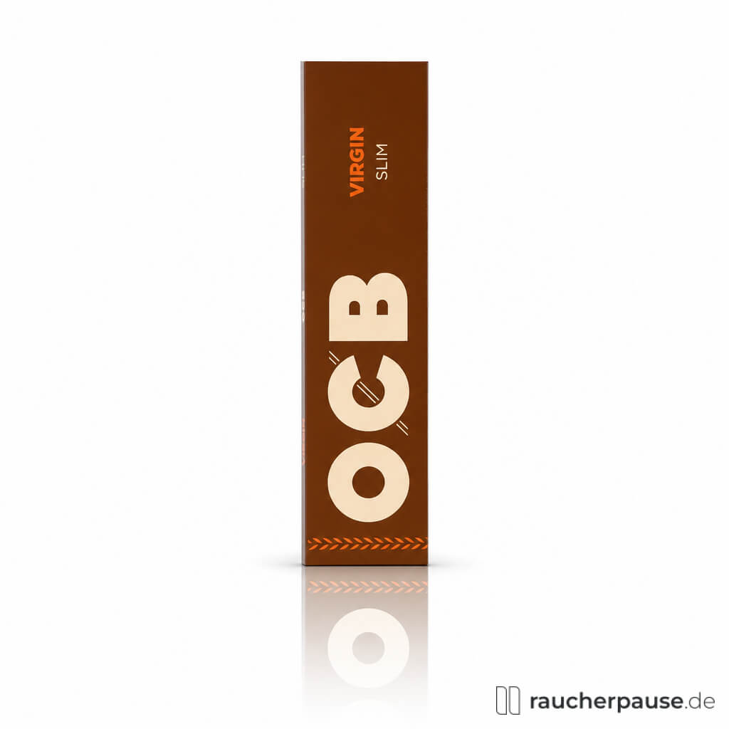 OCB Virgin Unbleached Slim Zigarettenpapier, 32 Blättchen, in einer hochgestellten, schmalen Box mit braunem Hintergrund, weißen O.C.B.-Schriftzügen und orangefarbenem Streifen.