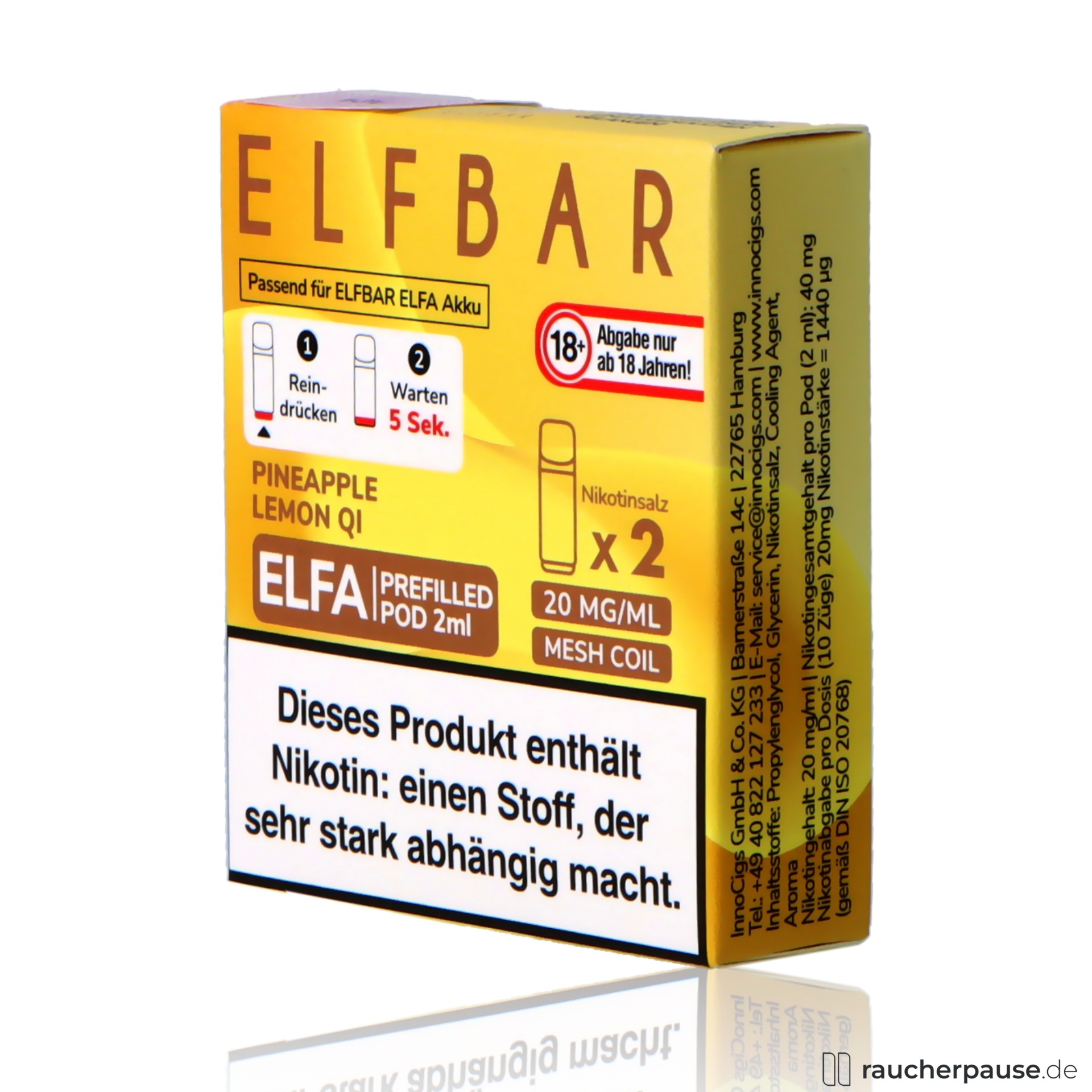 Elf Bar Elfa Prefilled Pods Pineapple Lemon Qi 20mg/ml Nikotin 2x2ml in gelb-brauner Box mit großem, modernem ELFBAR-Logo auf glatter Oberfläche.